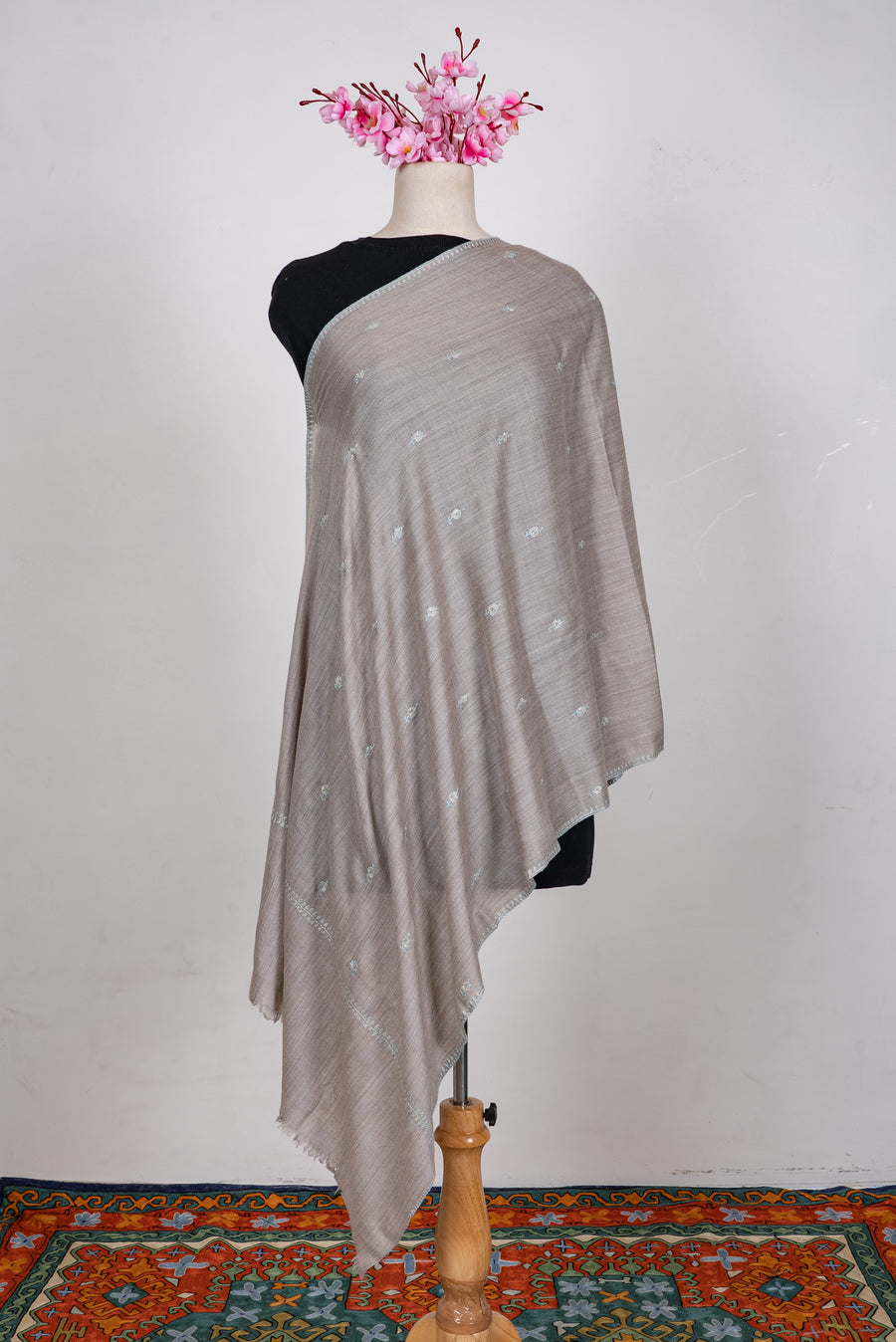 Hand Embroidered Scarf in Dove Grey with Delicate Floral Buti