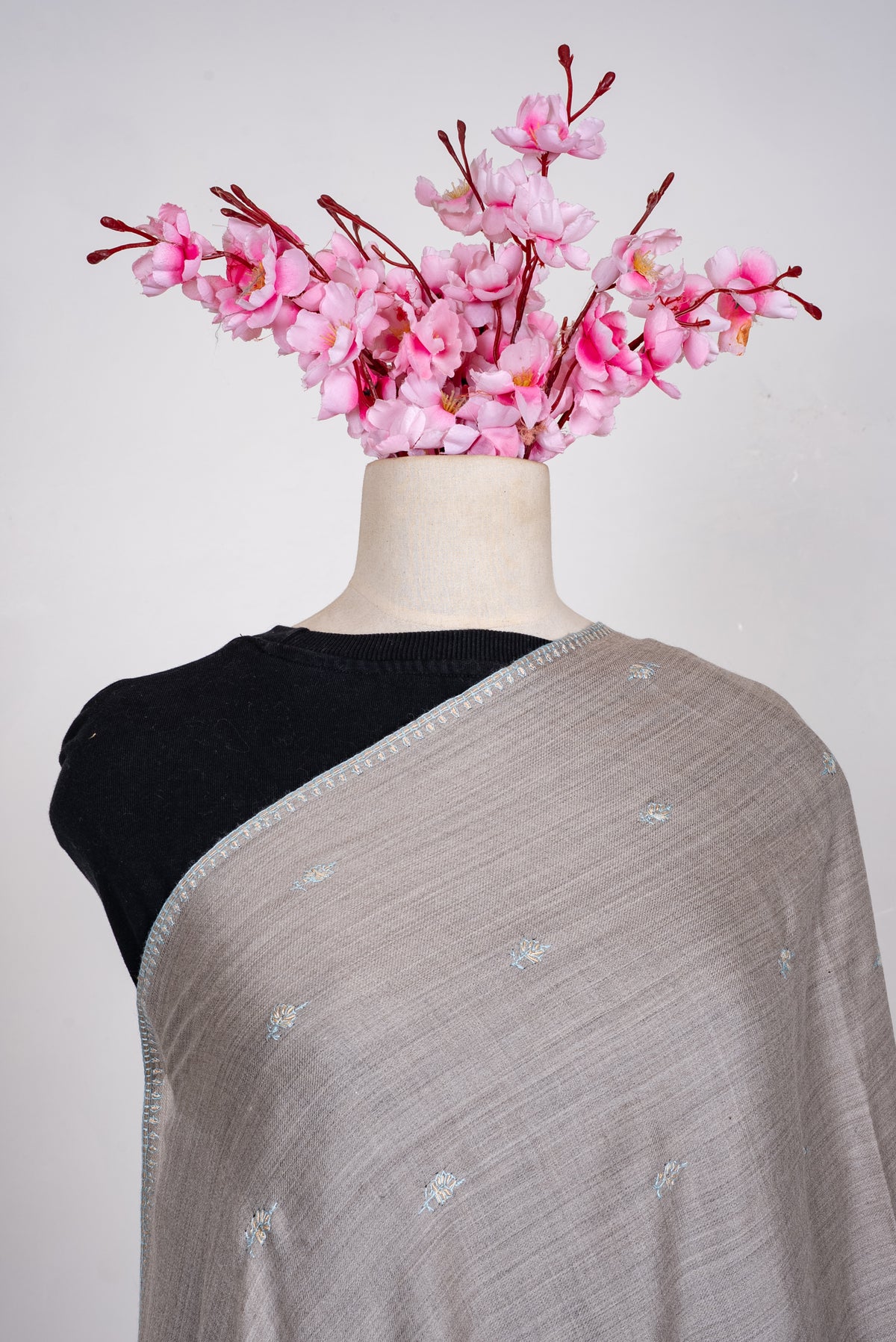 Hand Embroidered Scarf in Dove Grey with Delicate Floral Buti