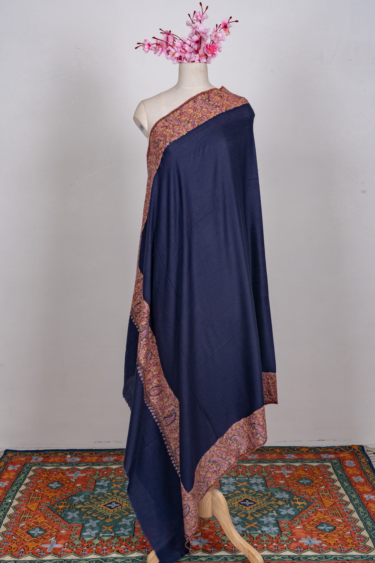 Midnight Regal Merino wool 2.5 Yards Sozni Hand Embroidered Shawl