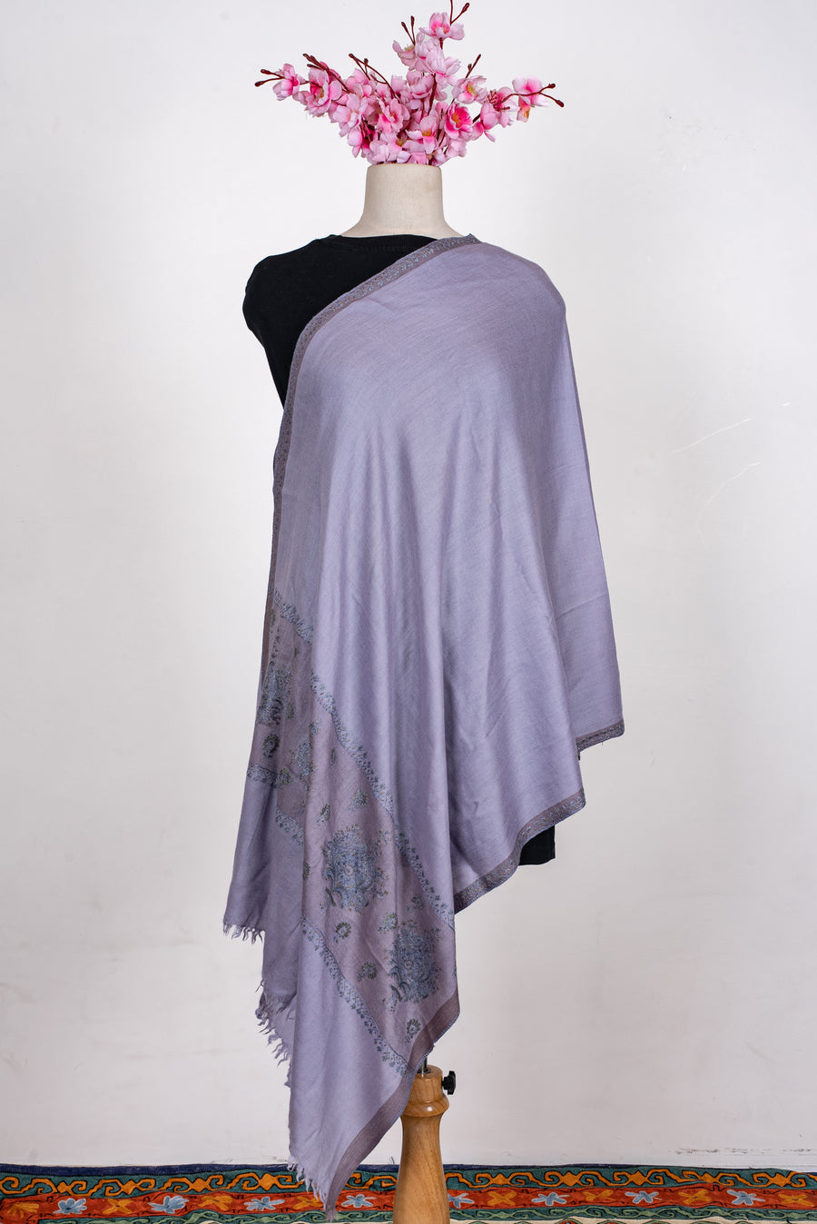 Hand Embroidered Scarf in Lavender with Floral Border