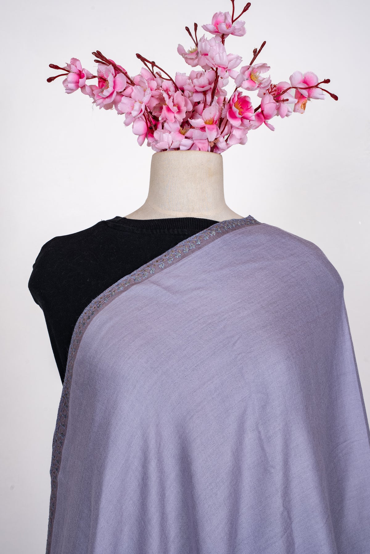 Hand Embroidered Scarf in Lavender with Floral Border