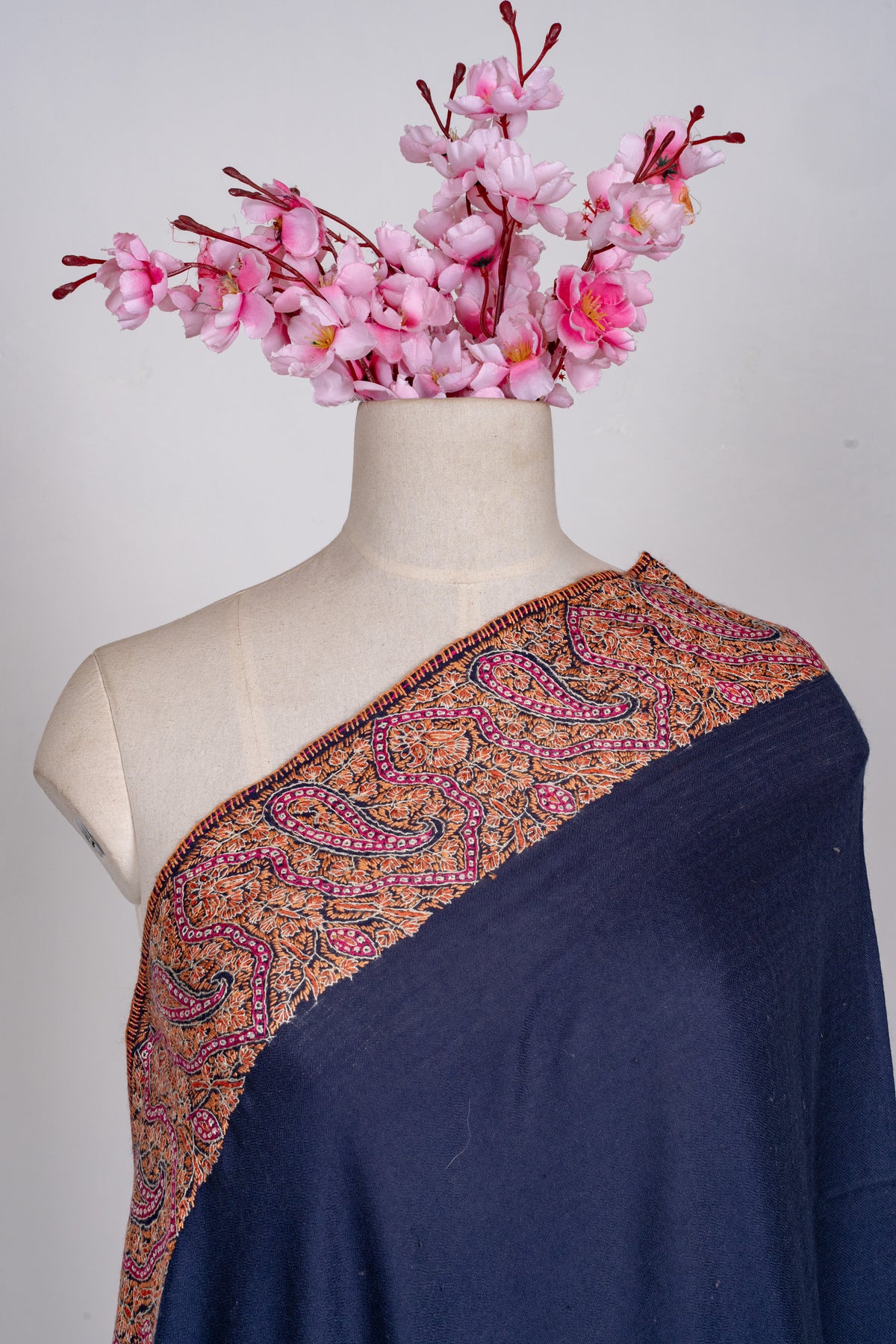 Midnight Regal Merino wool 2.5 Yards Sozni Hand Embroidered Shawl