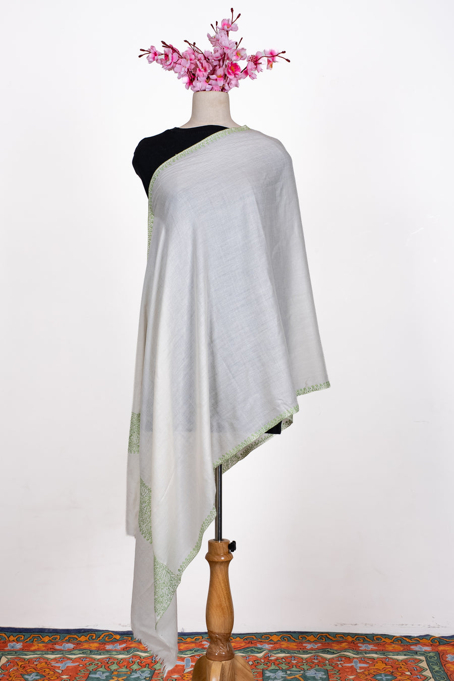 Hand Embroidered Scarf in Ivory with Sage Green Border