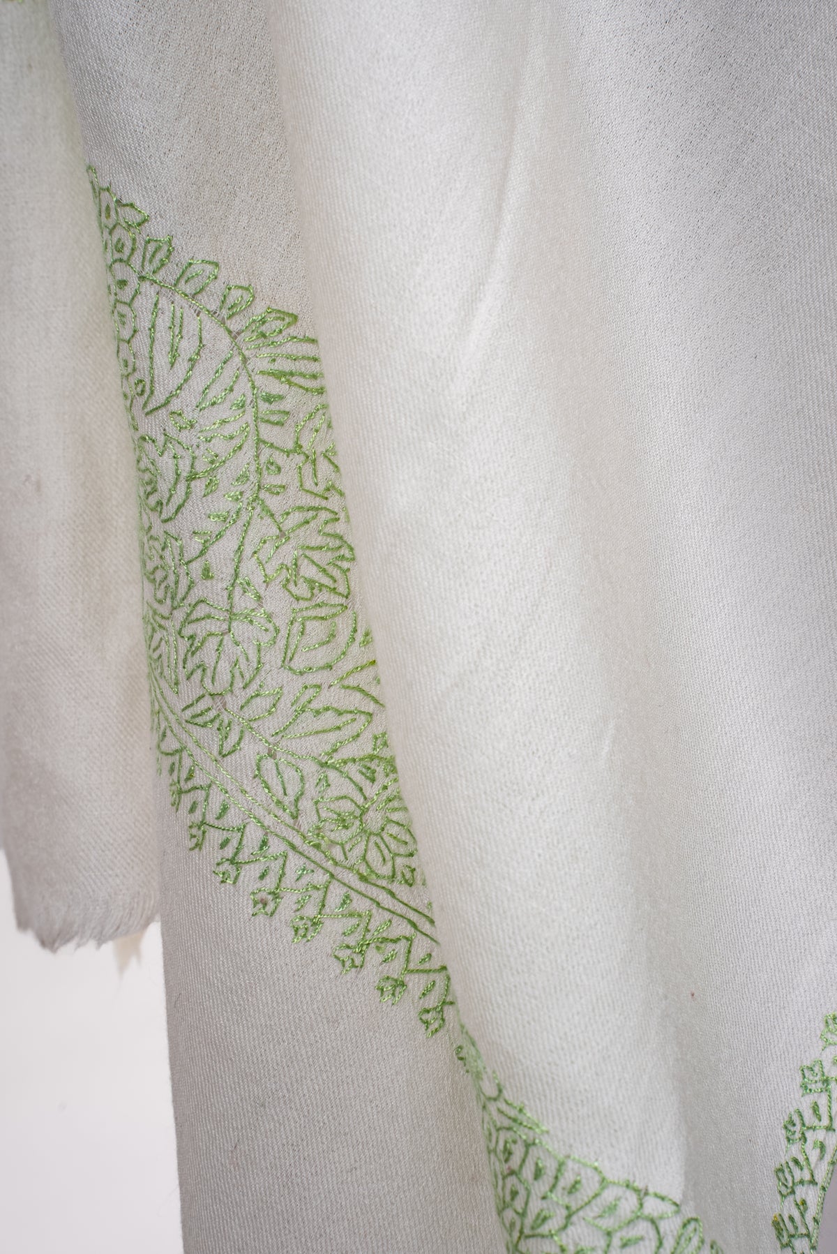 Hand Embroidered Scarf in Ivory with Sage Green Border