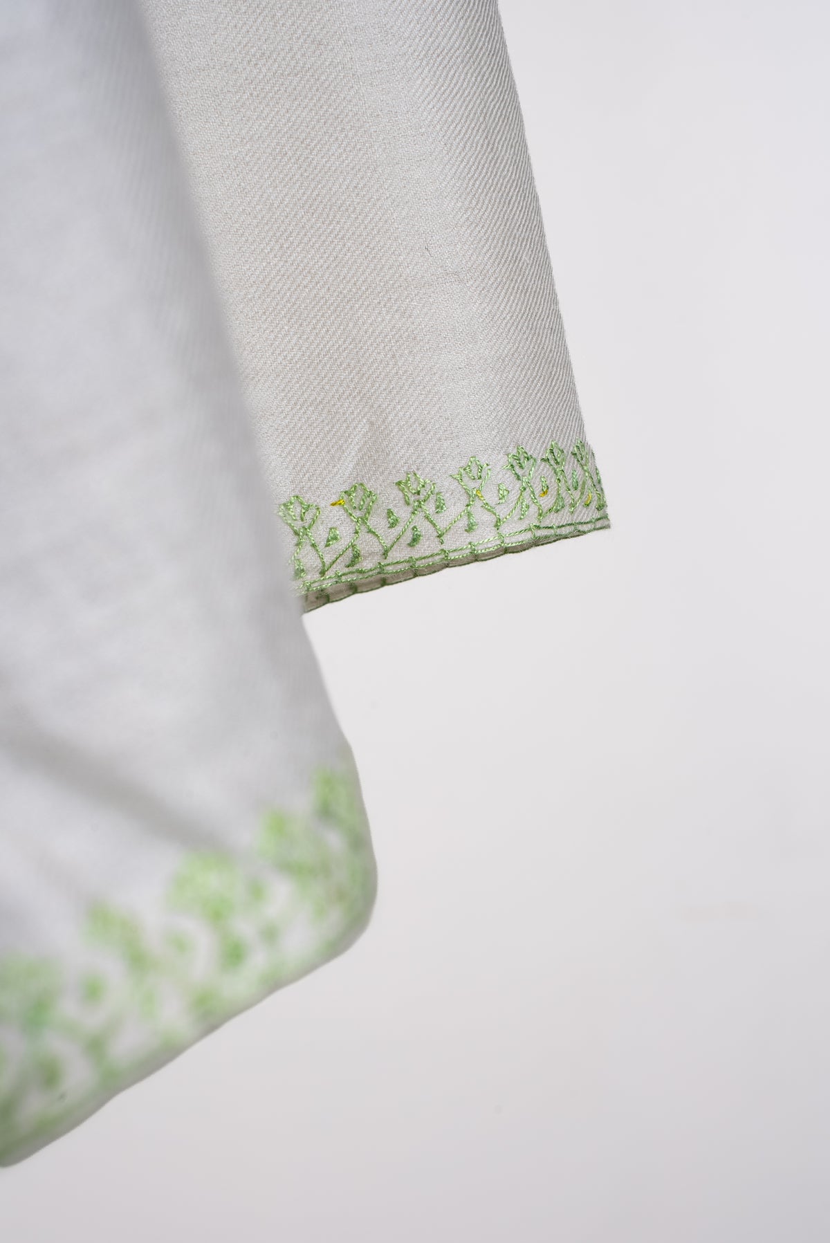 Hand Embroidered Scarf in Ivory with Sage Green Border
