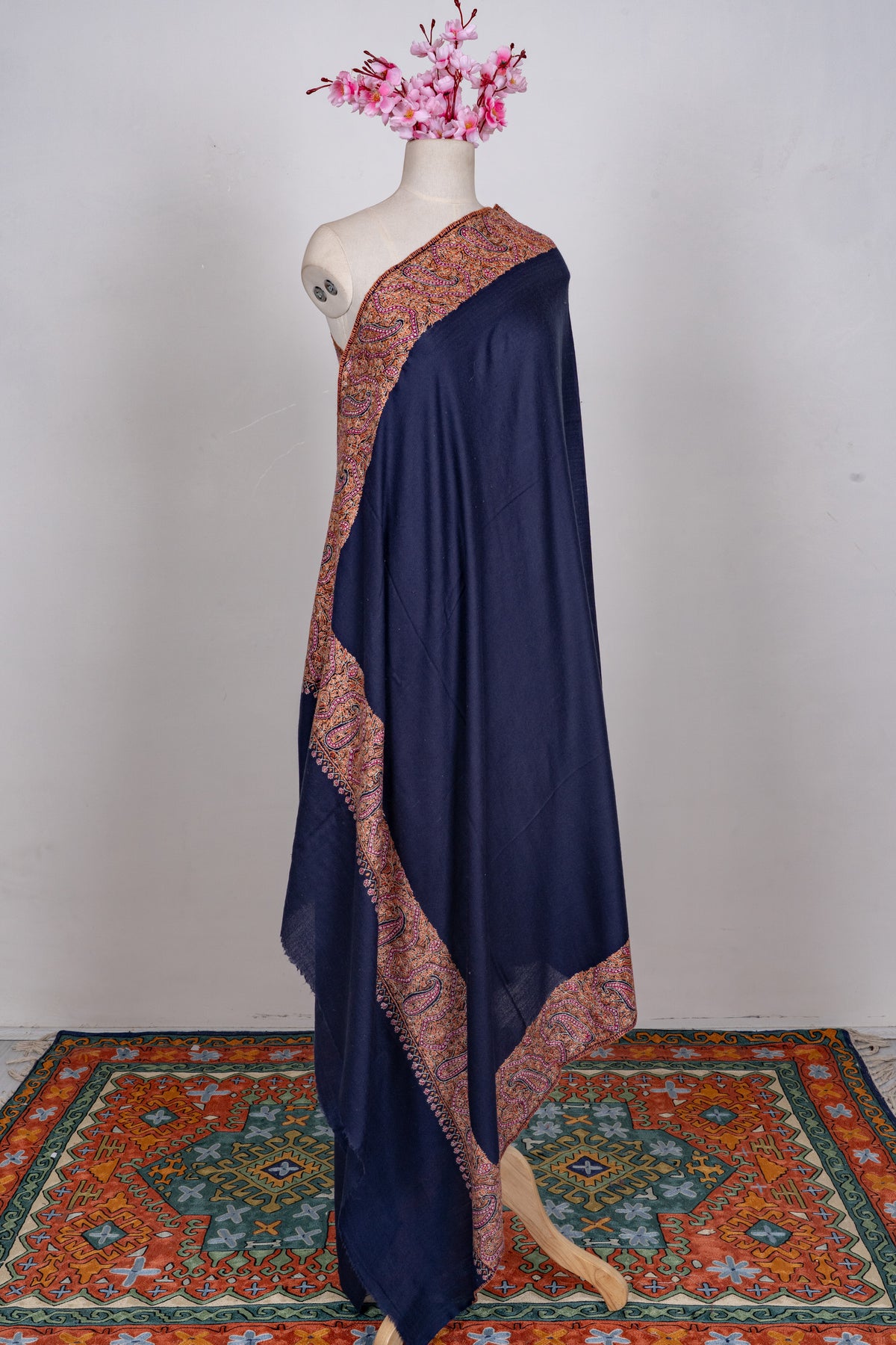 Midnight Regal Merino wool 2.5 Yards Sozni Hand Embroidered Shawl