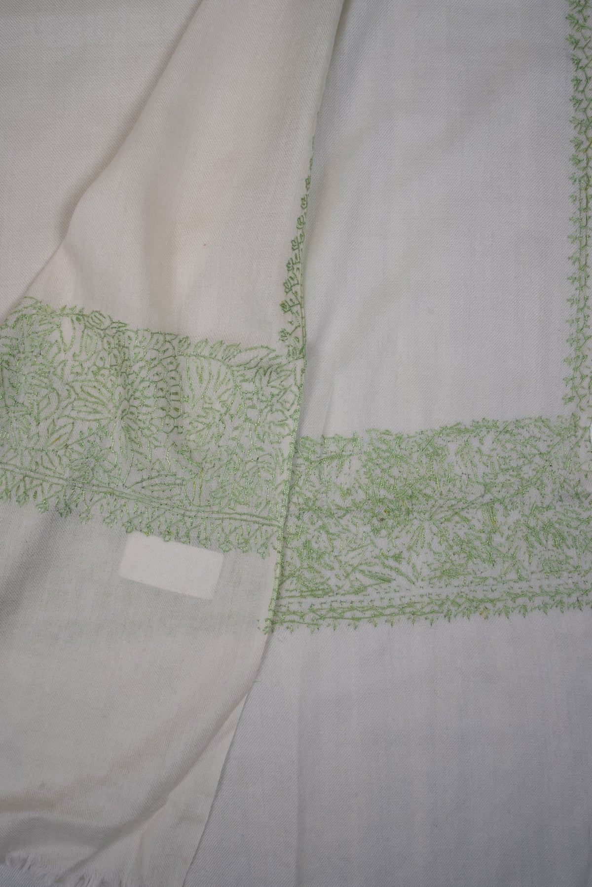 Hand Embroidered Scarf in Ivory with Sage Green Border