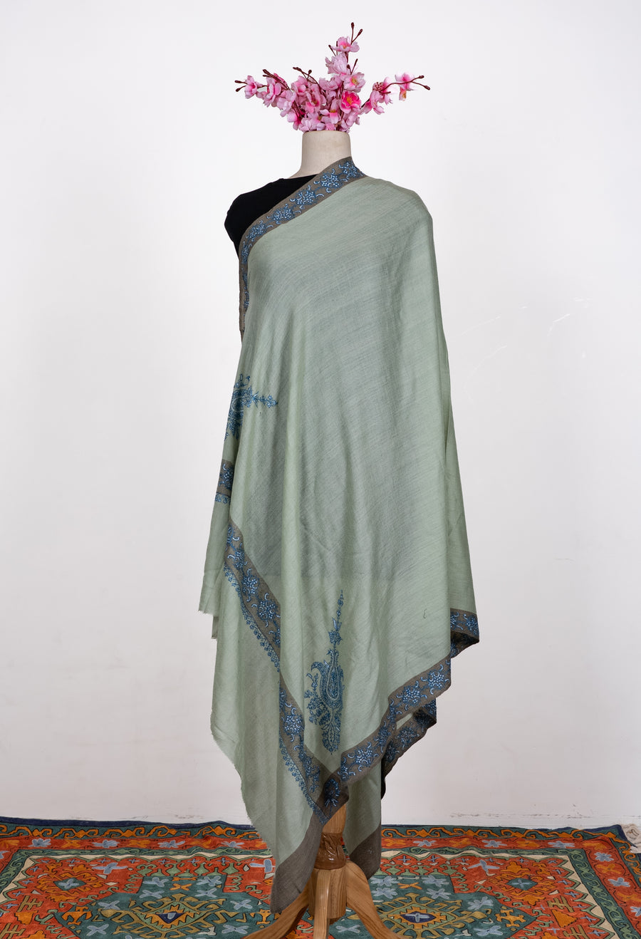 Merino Wool Hand Embroidered Shawl in Sage Green with Blue Paisley Border