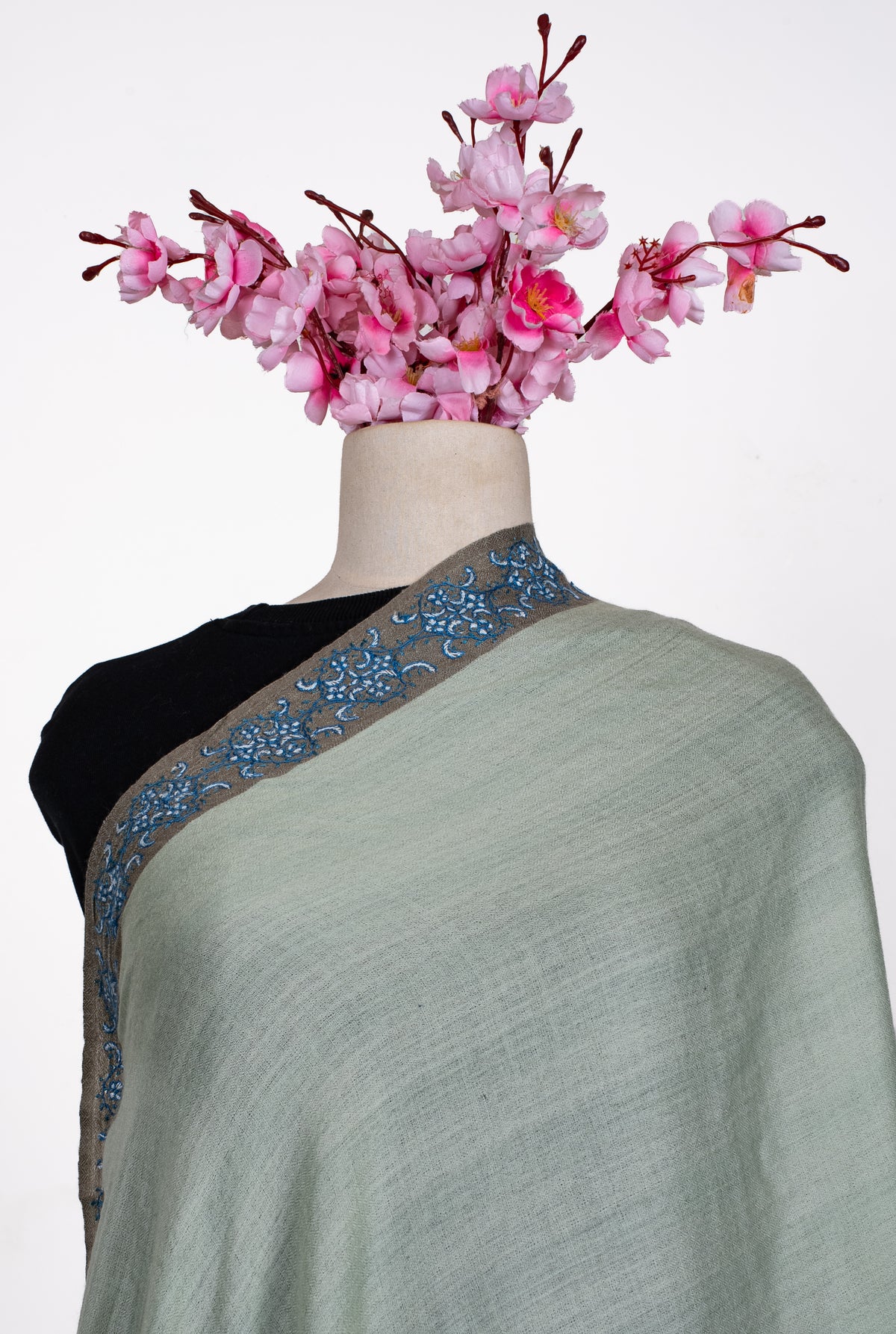 Merino Wool Hand Embroidered Shawl in Sage Green with Blue Paisley Border