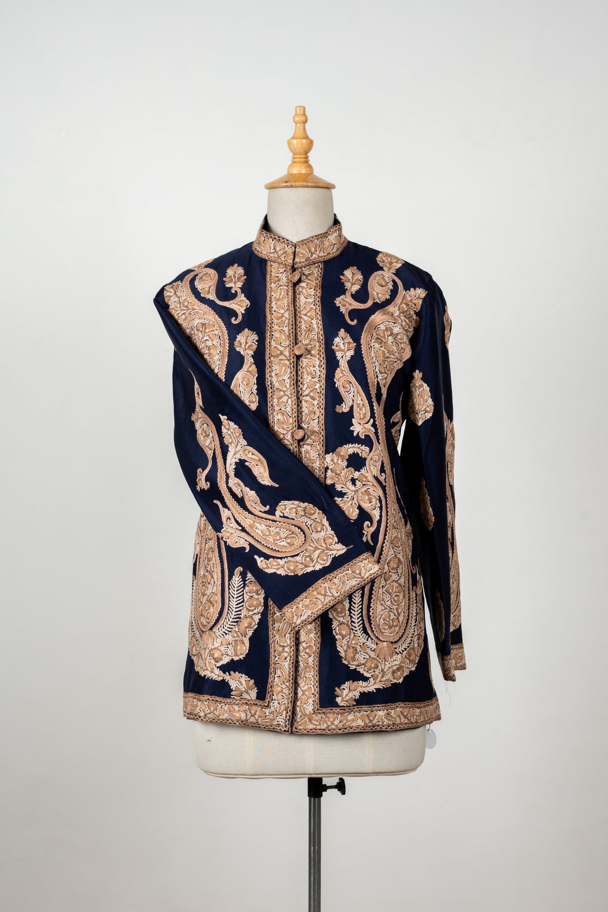 Shehenshah Navy Short Jacket – Pure Raw Silk with Hand Embroidered Paisleys