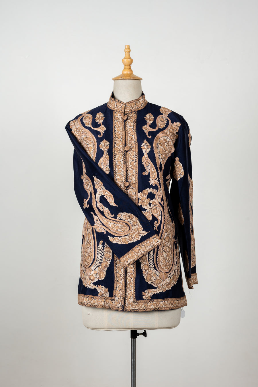 Shehenshah Navy Short Jacket – Pure Raw Silk with Hand Embroidered Paisleys
