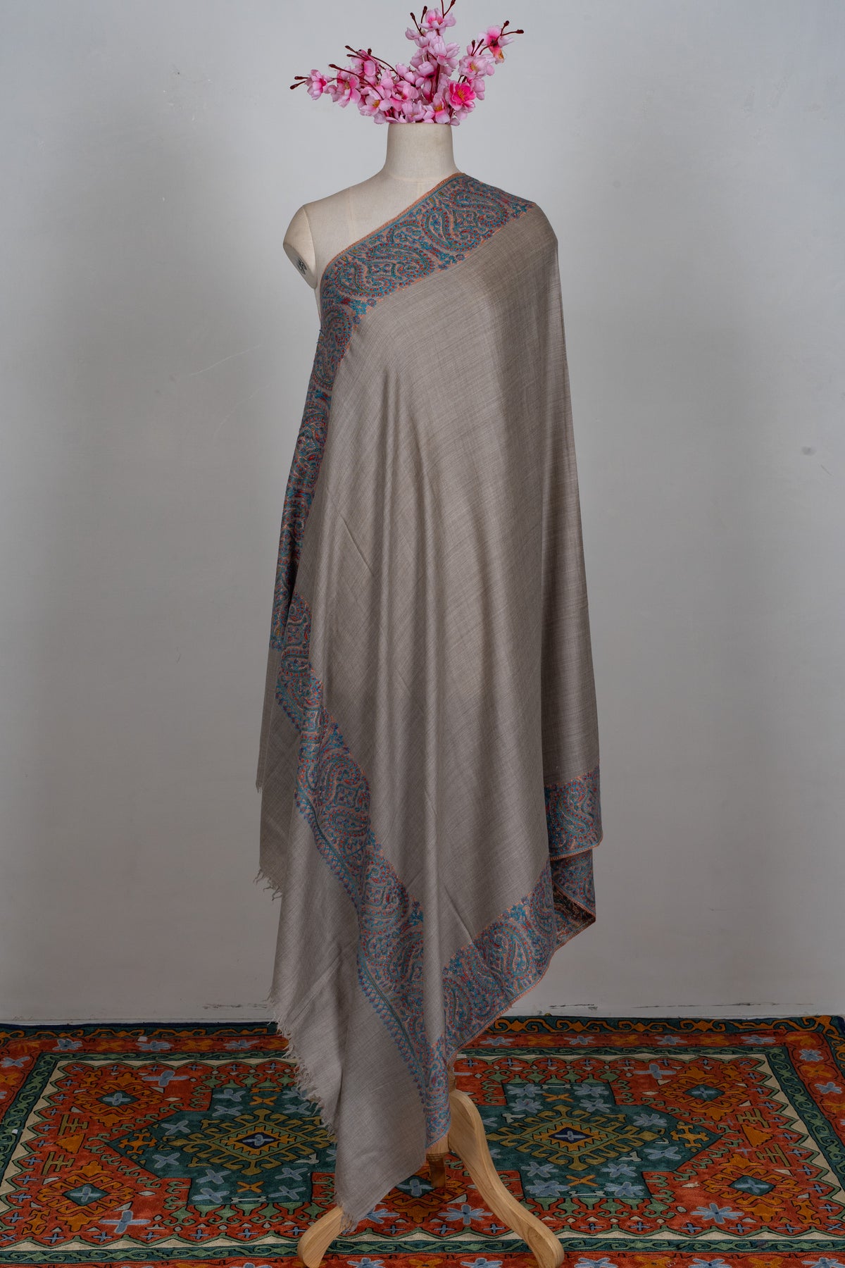 Teal Harmony Merino wool 2.5 Yards Sozni Hand Embroidered Shawl