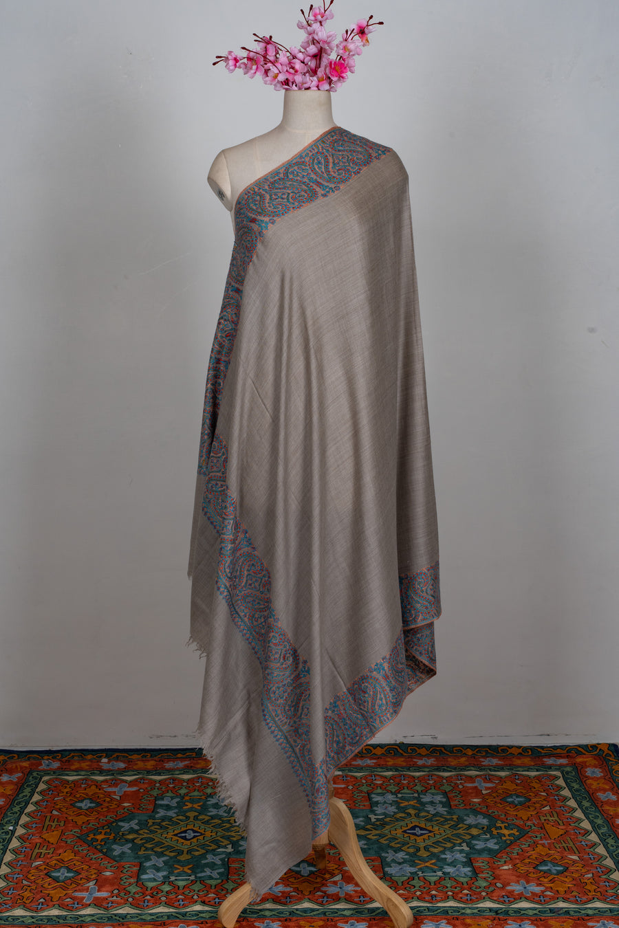 Teal Harmony Merino wool 2.5 Yards Sozni Hand Embroidered Shawl