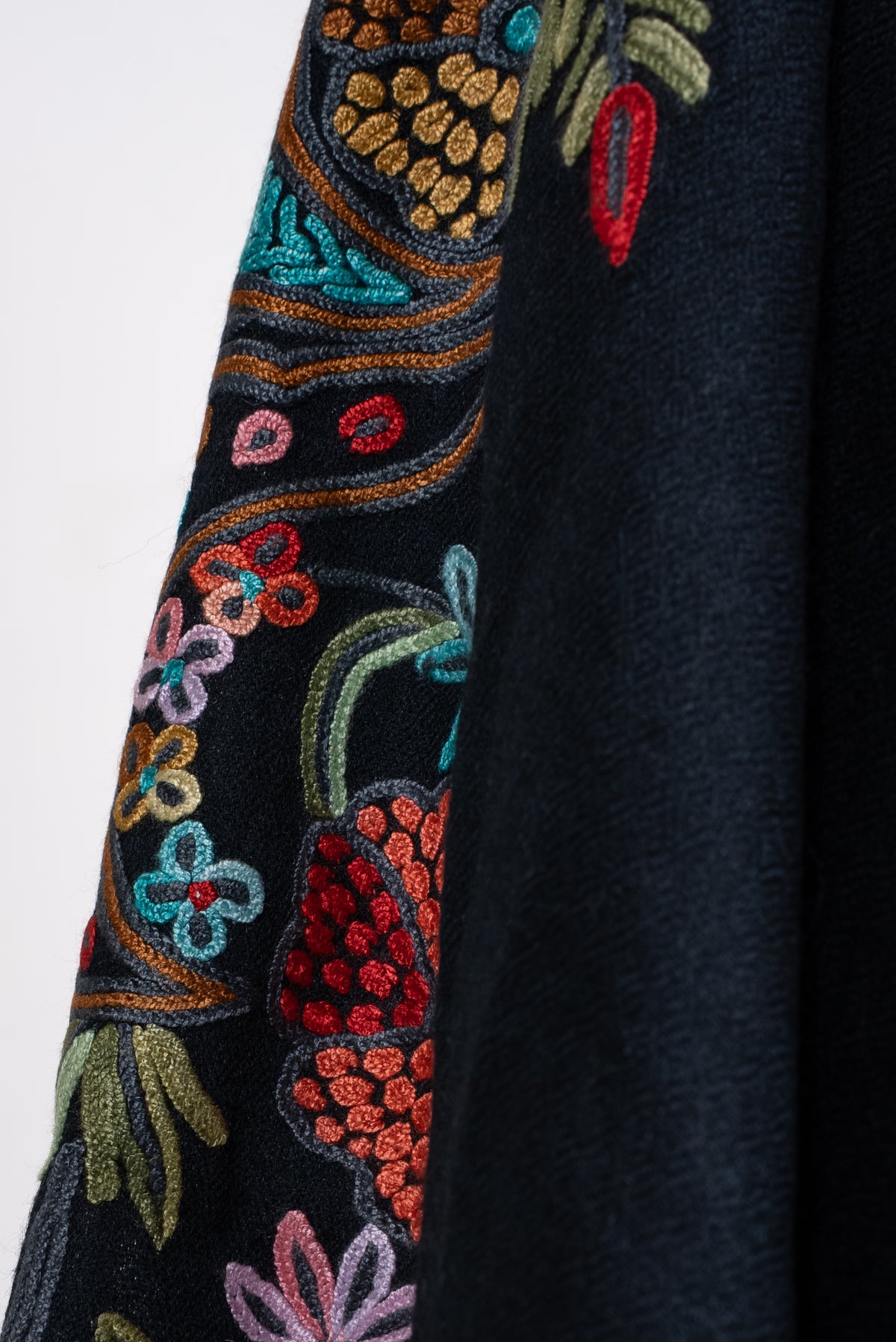 Hand Aari Embroidered Scarf in Black with Multicolor Paisley Motifs