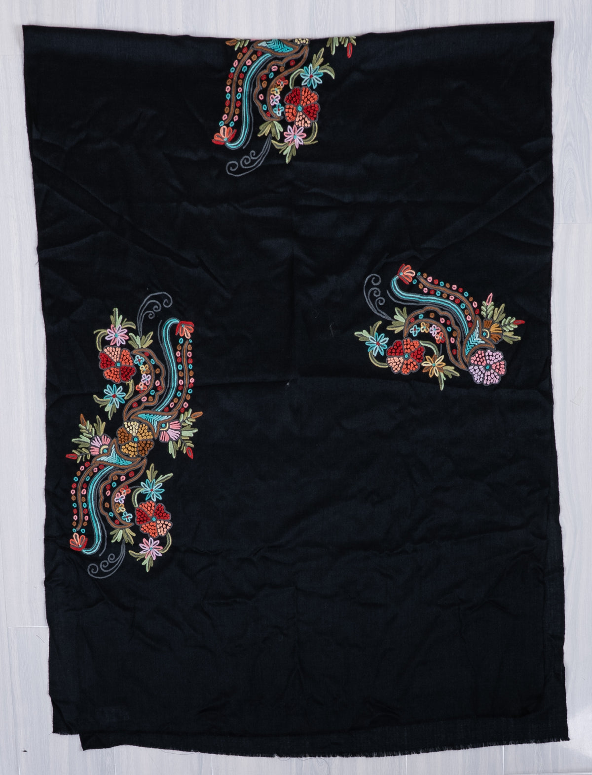 Hand Aari Embroidered Scarf in Black with Multicolor Paisley Motifs