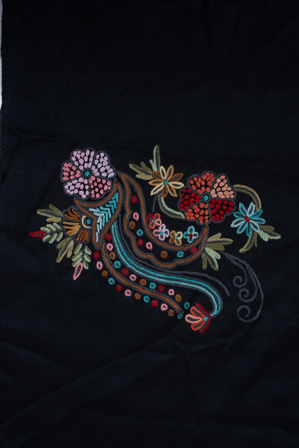 Hand Aari Embroidered Scarf in Black with Multicolor Paisley Motifs