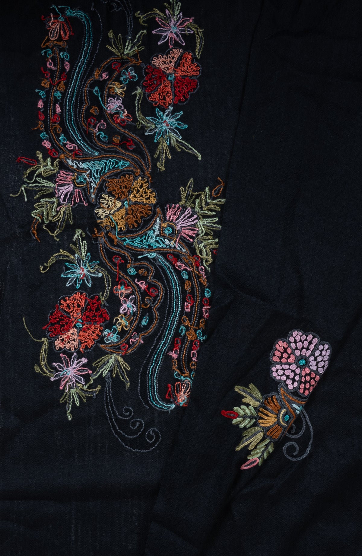 Hand Aari Embroidered Scarf in Black with Multicolor Paisley Motifs