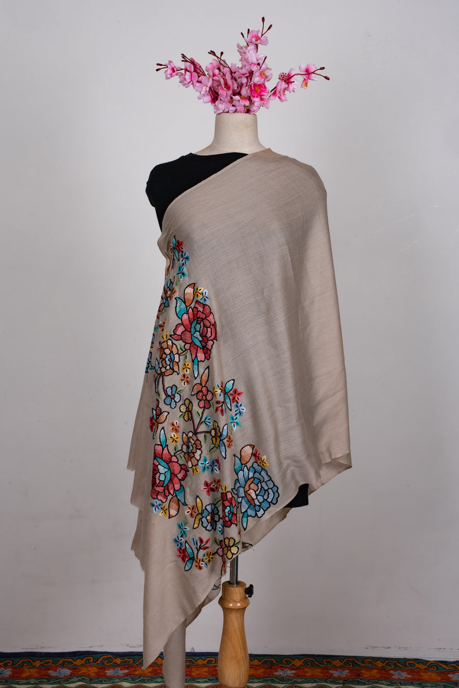 Hand Aari Embroidered Scarf in Beige with Multicolor Floral Embroidery