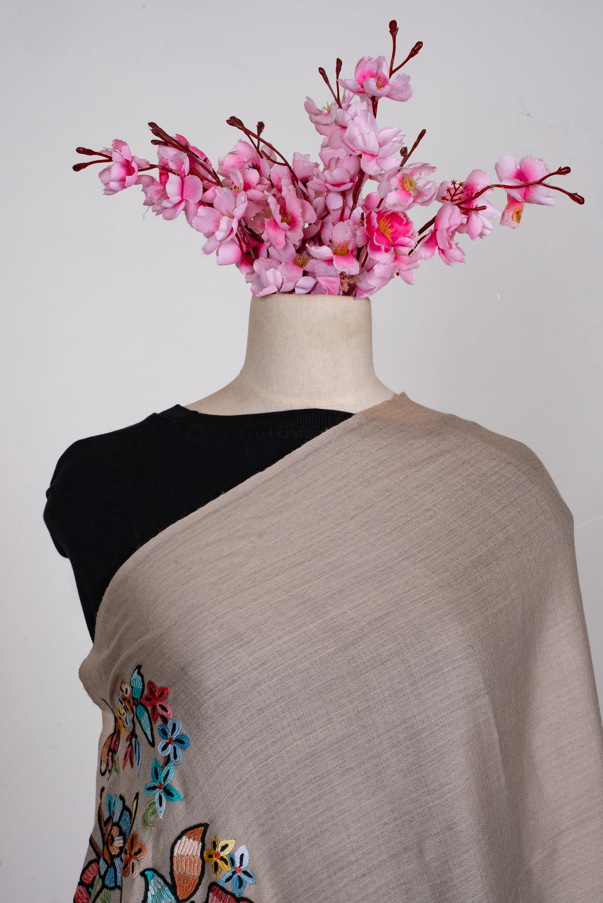 Hand Aari Embroidered Scarf in Beige with Multicolor Floral Embroidery