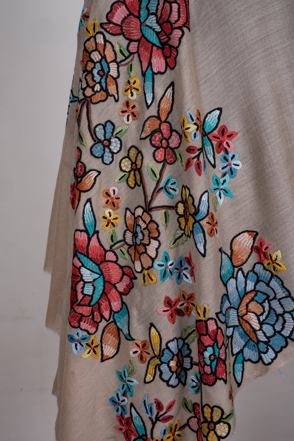 Hand Aari Embroidered Scarf in Beige with Multicolor Floral Embroidery
