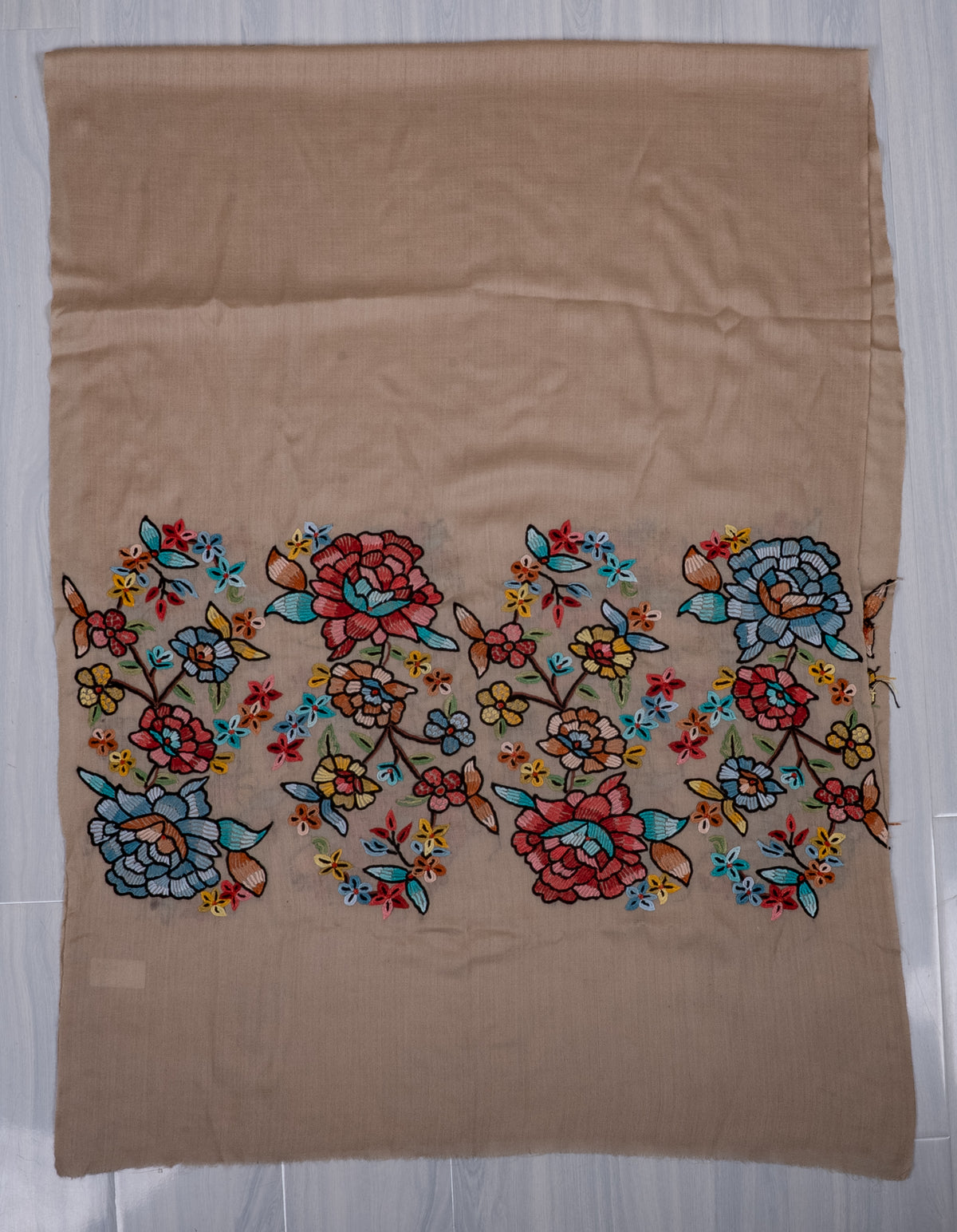 Hand Aari Embroidered Scarf in Beige with Multicolor Floral Embroidery