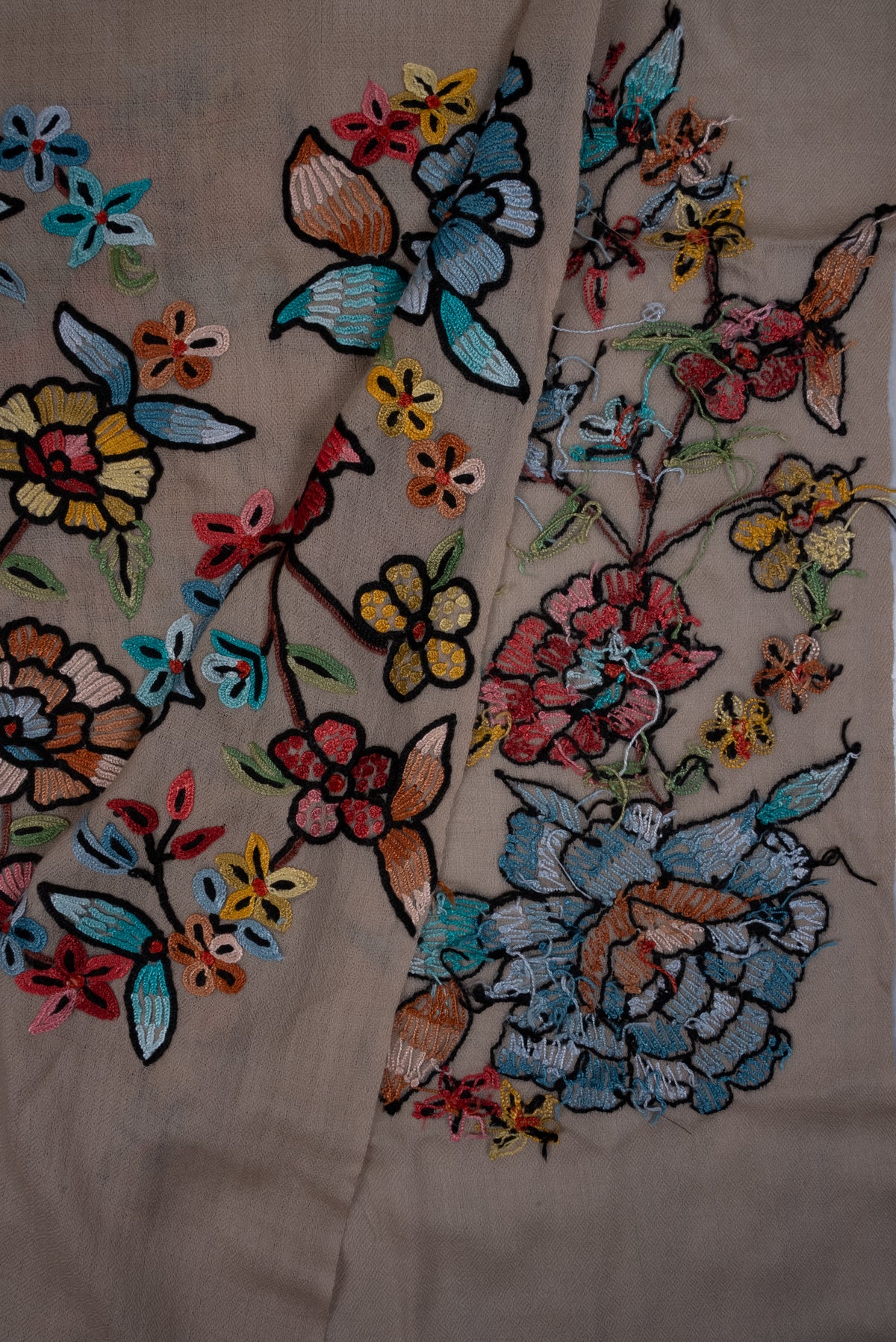 Hand Aari Embroidered Scarf in Beige with Multicolor Floral Embroidery
