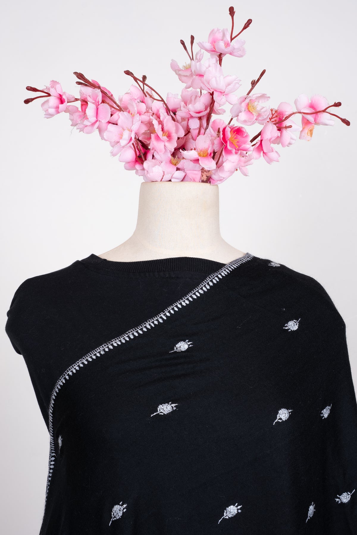 Hand Embroidered Scarf in Black with White Buti Embroidery