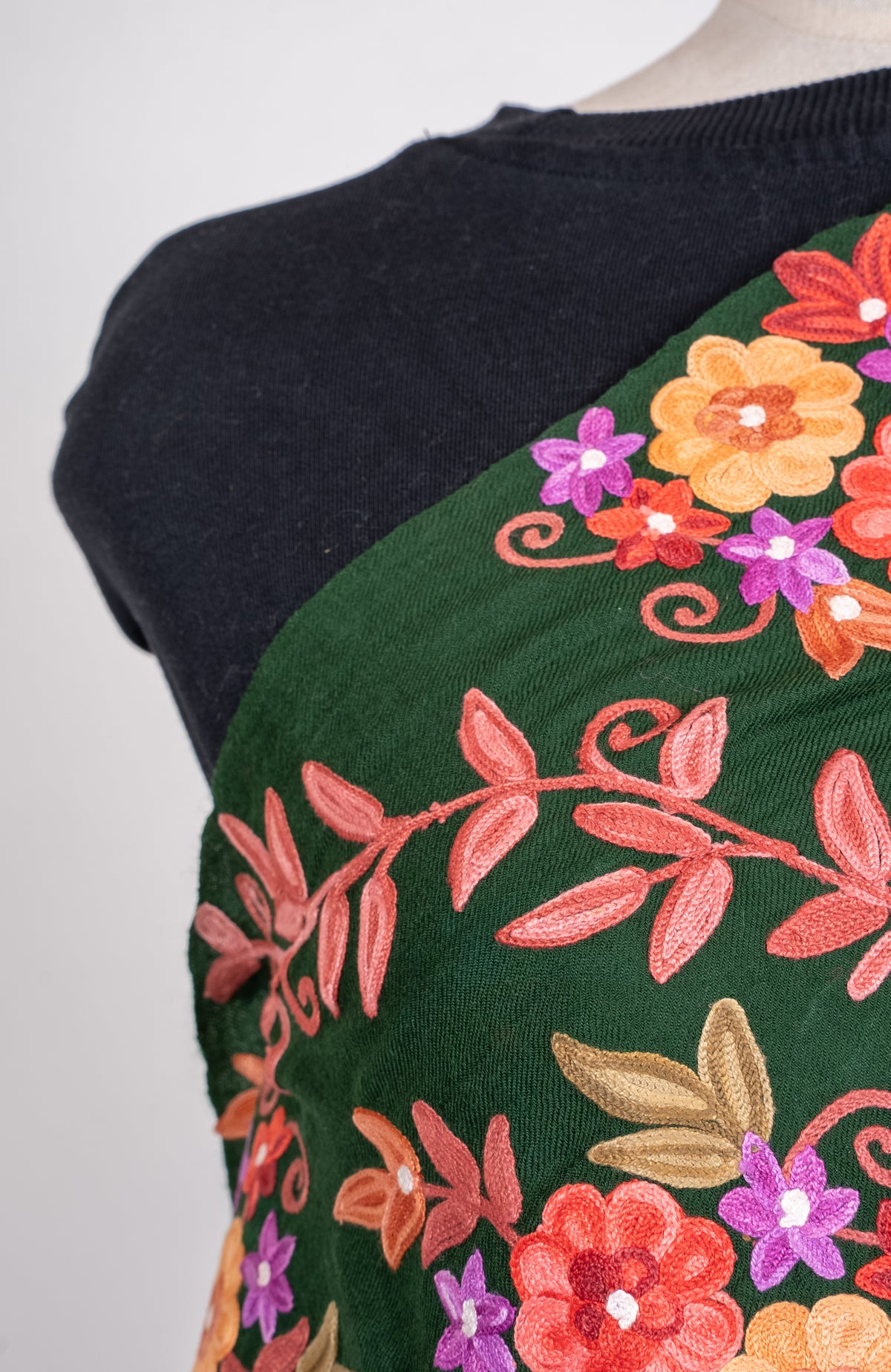 Machine Embroidered Scarf in Forest Green with Multicolor Floral Embroidery