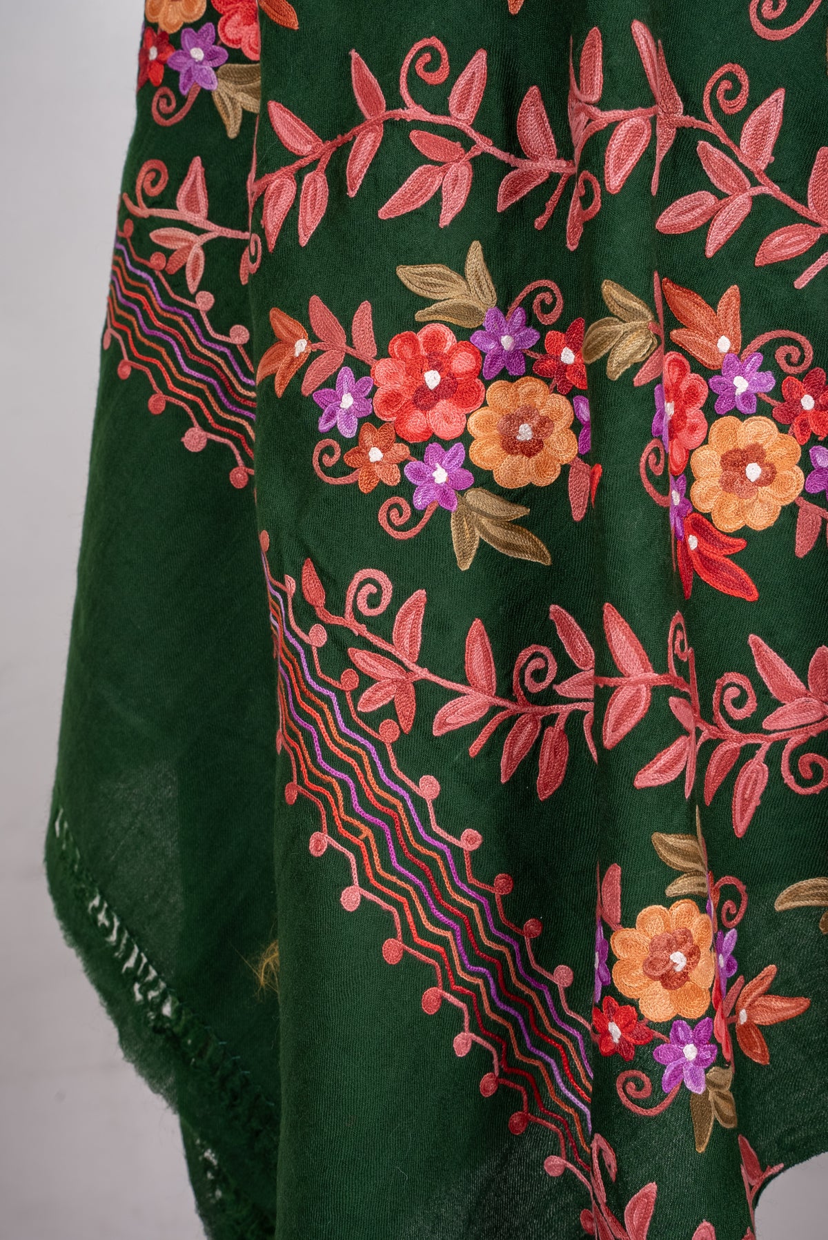 Machine Embroidered Scarf in Forest Green with Multicolor Floral Embroidery