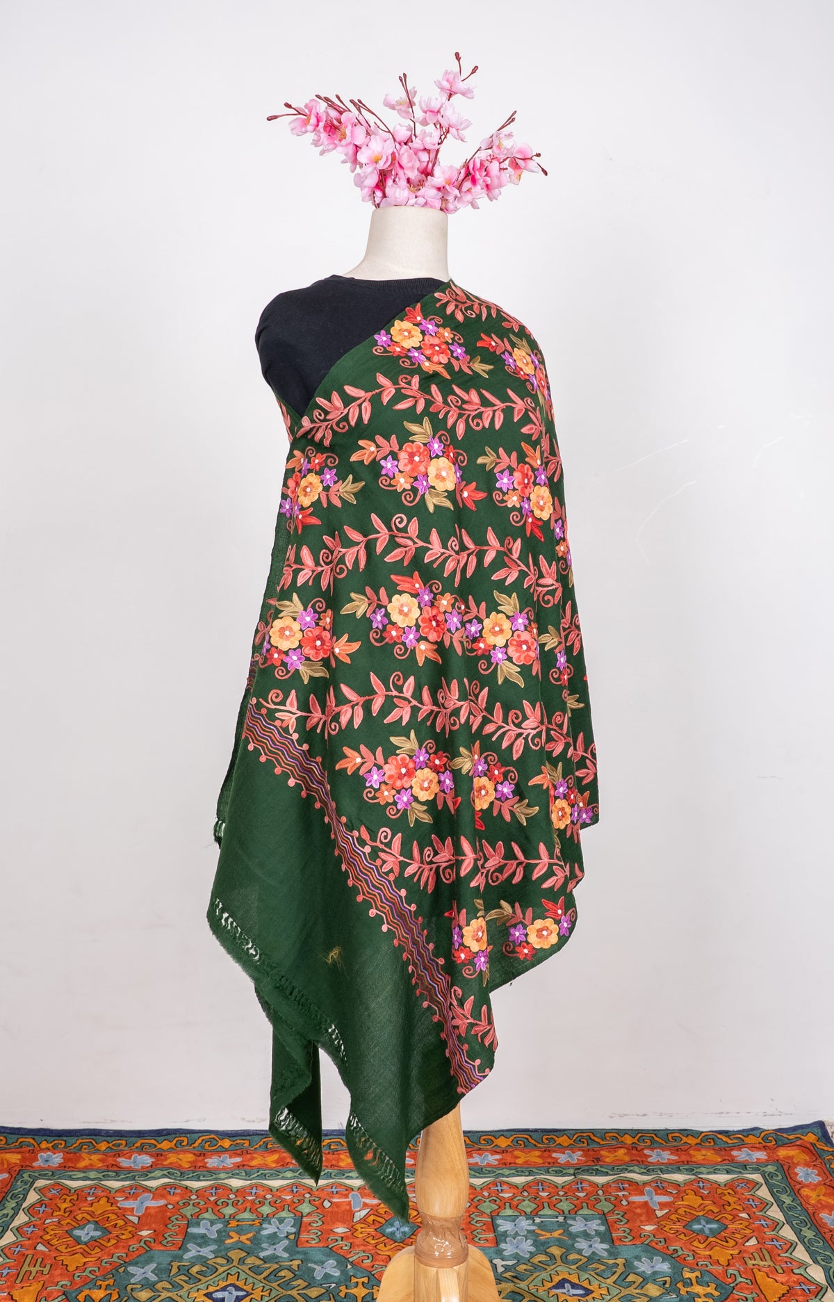 Machine Embroidered Scarf in Forest Green with Multicolor Floral Embroidery
