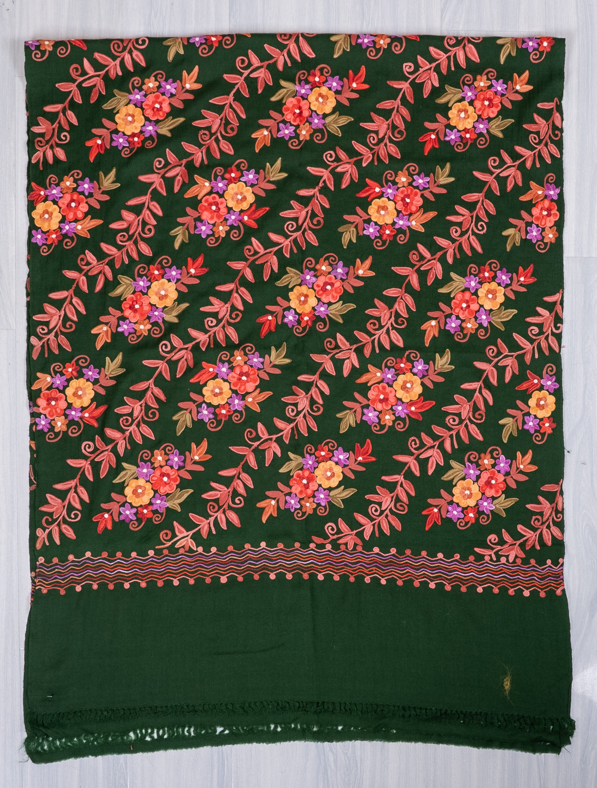 Machine Embroidered Scarf in Forest Green with Multicolor Floral Embroidery