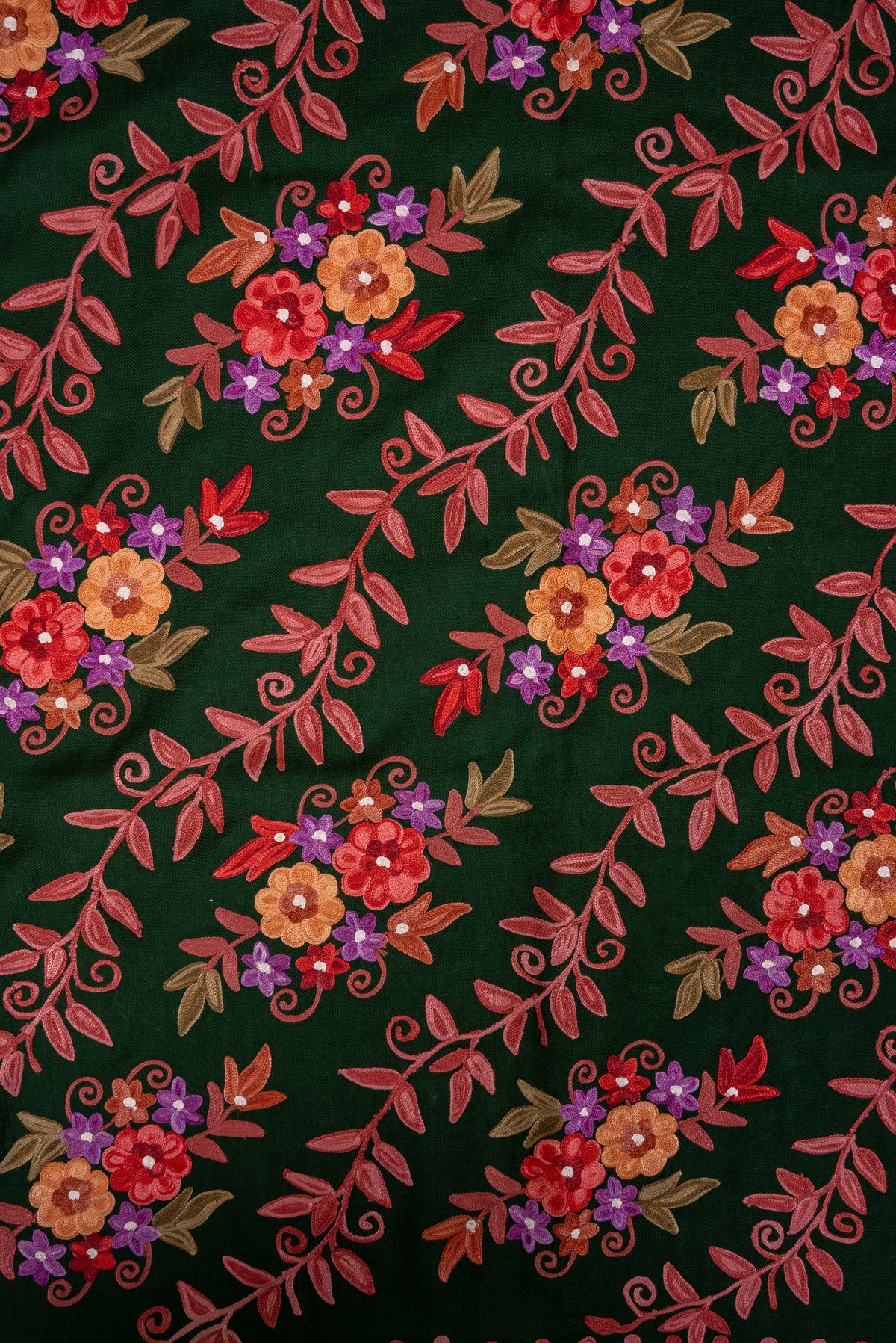 Machine Embroidered Scarf in Forest Green with Multicolor Floral Embroidery