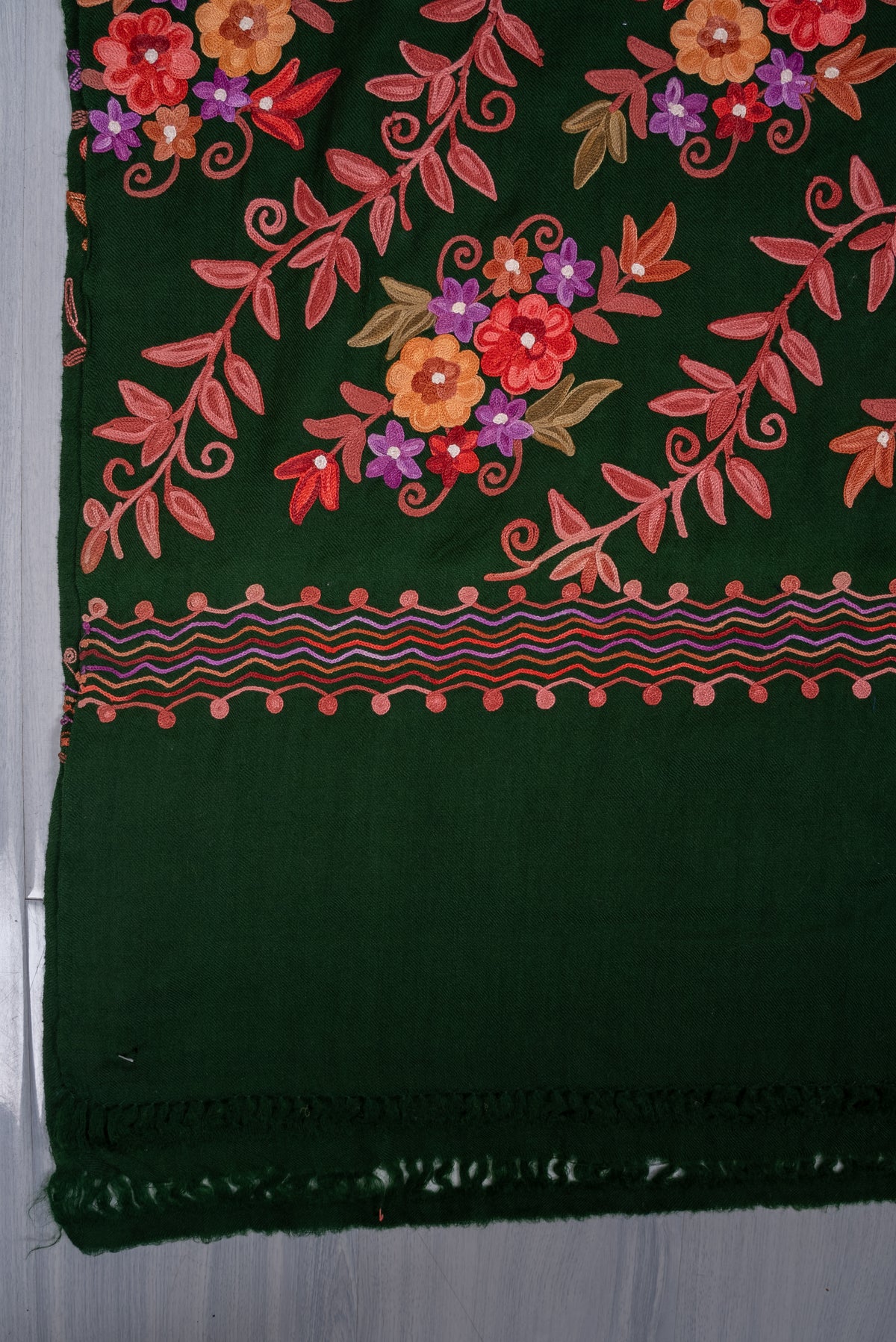 Machine Embroidered Scarf in Forest Green with Multicolor Floral Embroidery