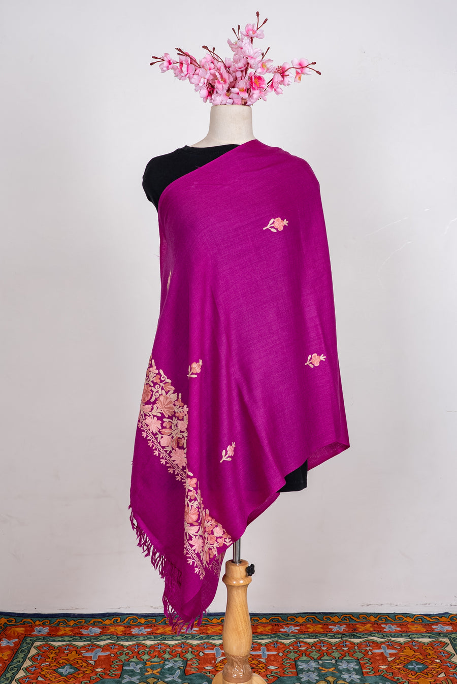 Machine Embroidered Scarf in Magenta with Floral Border Embroidery