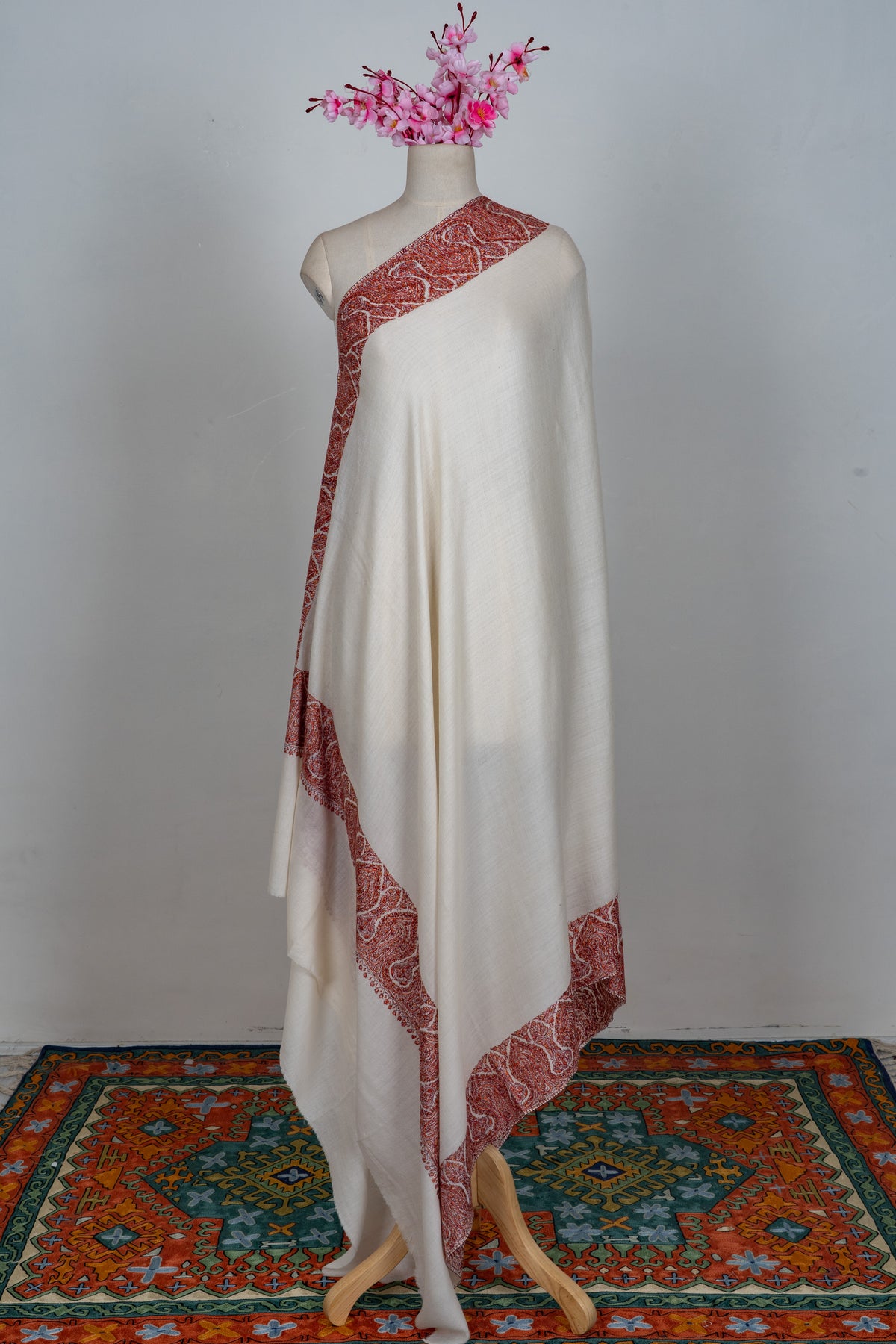 Ivory Ember Merino wool 2.5 Yards Sozni Hand Embroidered Shawl