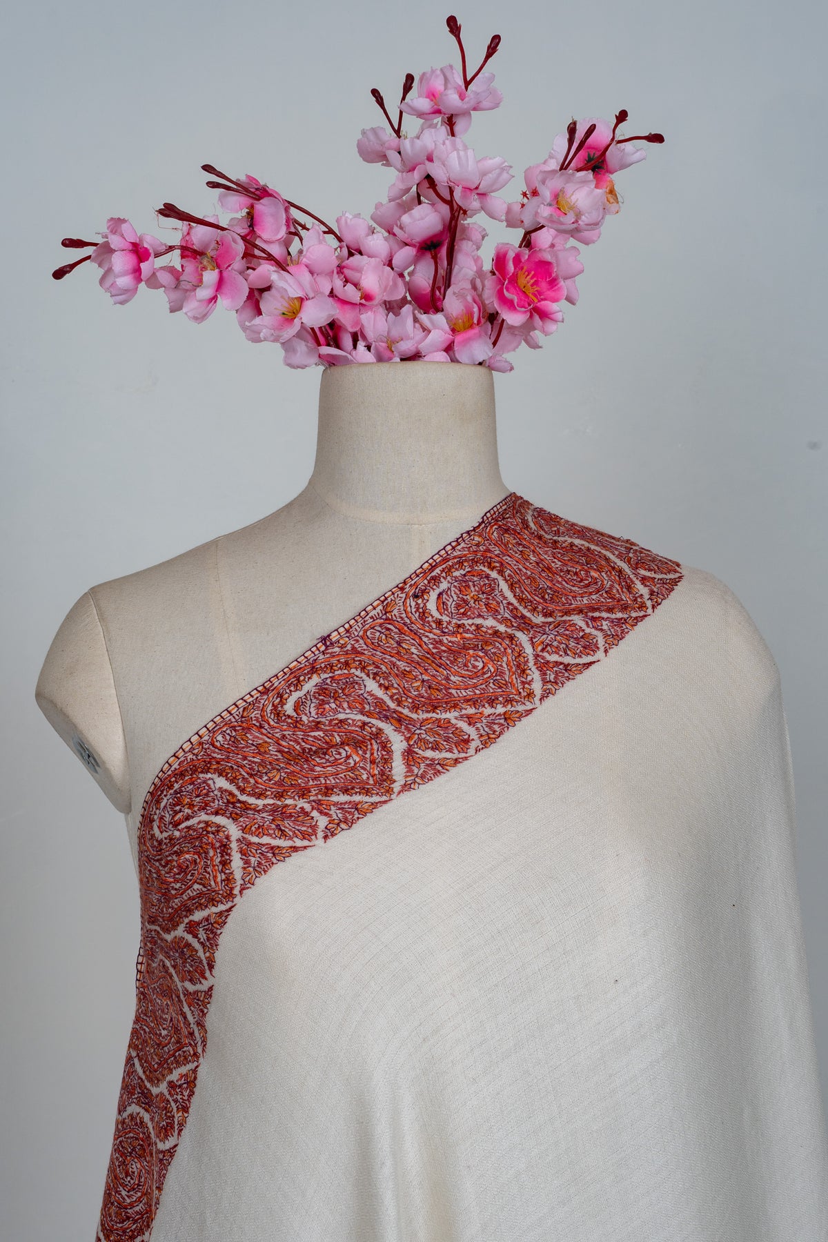 Ivory Ember Merino wool 2.5 Yards Sozni Hand Embroidered Shawl