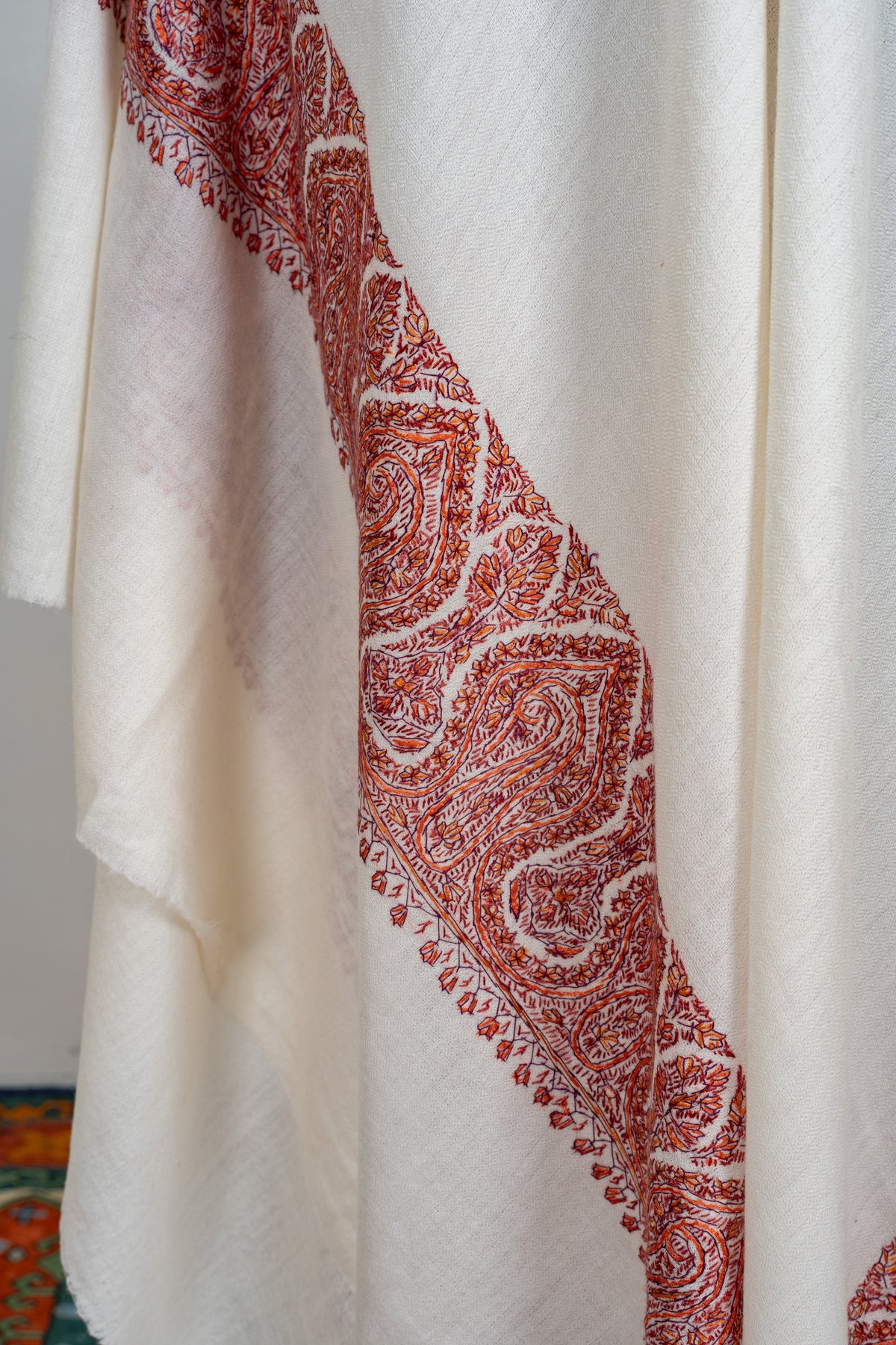 Ivory Ember Merino wool 2.5 Yards Sozni Hand Embroidered Shawl
