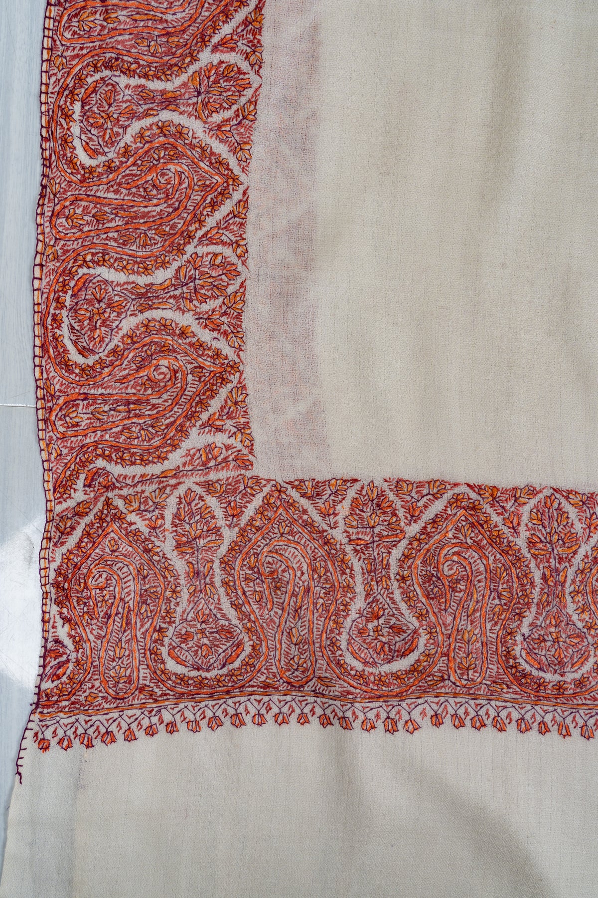 Ivory Ember Merino wool 2.5 Yards Sozni Hand Embroidered Shawl