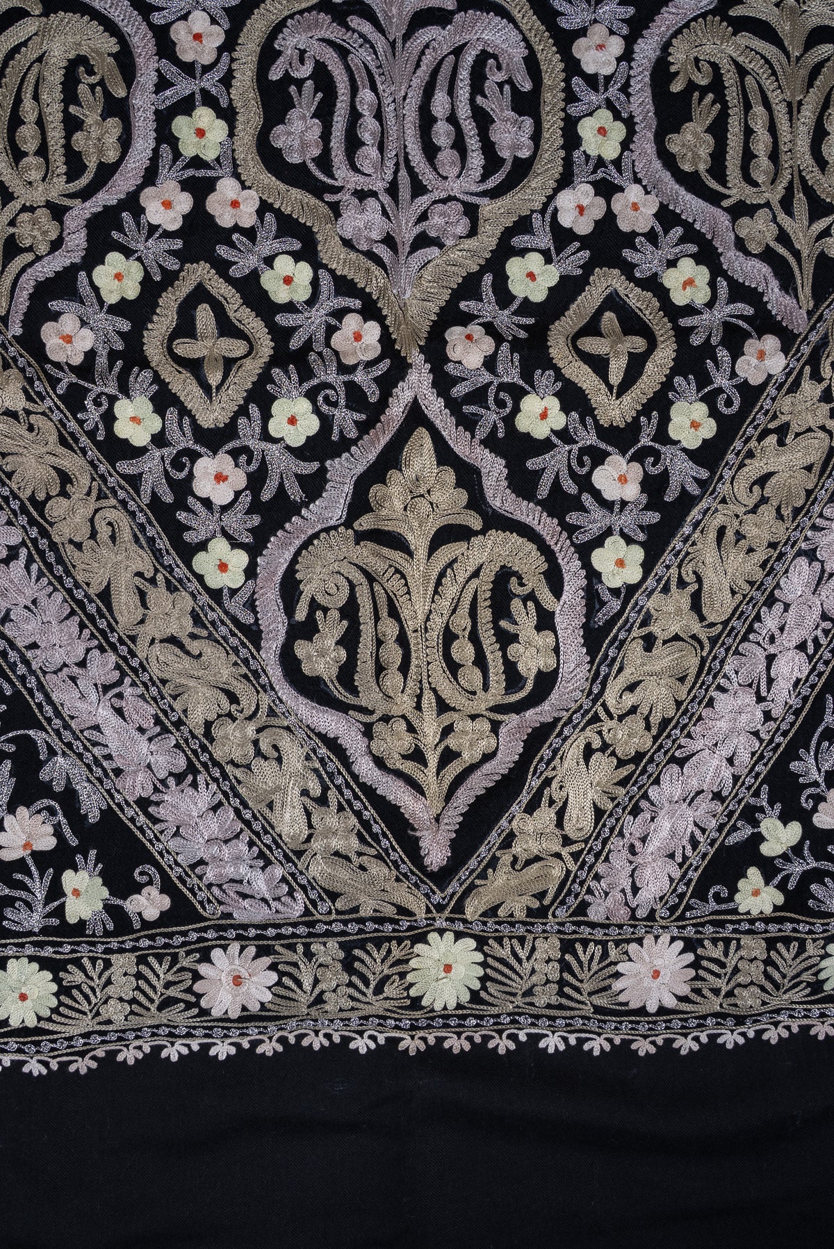 Close-up of the black shawl’s pale Aari medallions inside diagonal leafy bands, above a small floral border