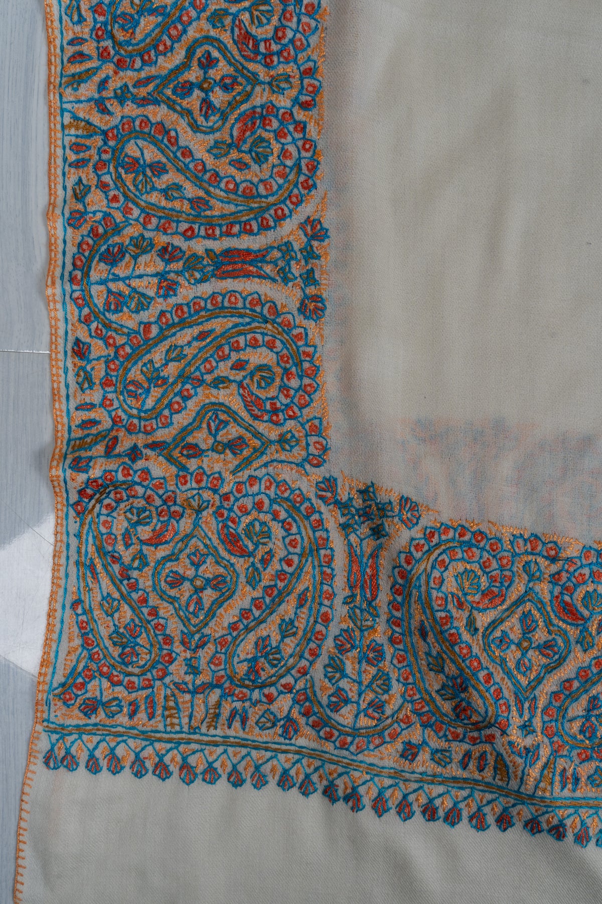Snow Bloom Merino wool 2.5 Yards Sozni Hand Embroidered Shawl