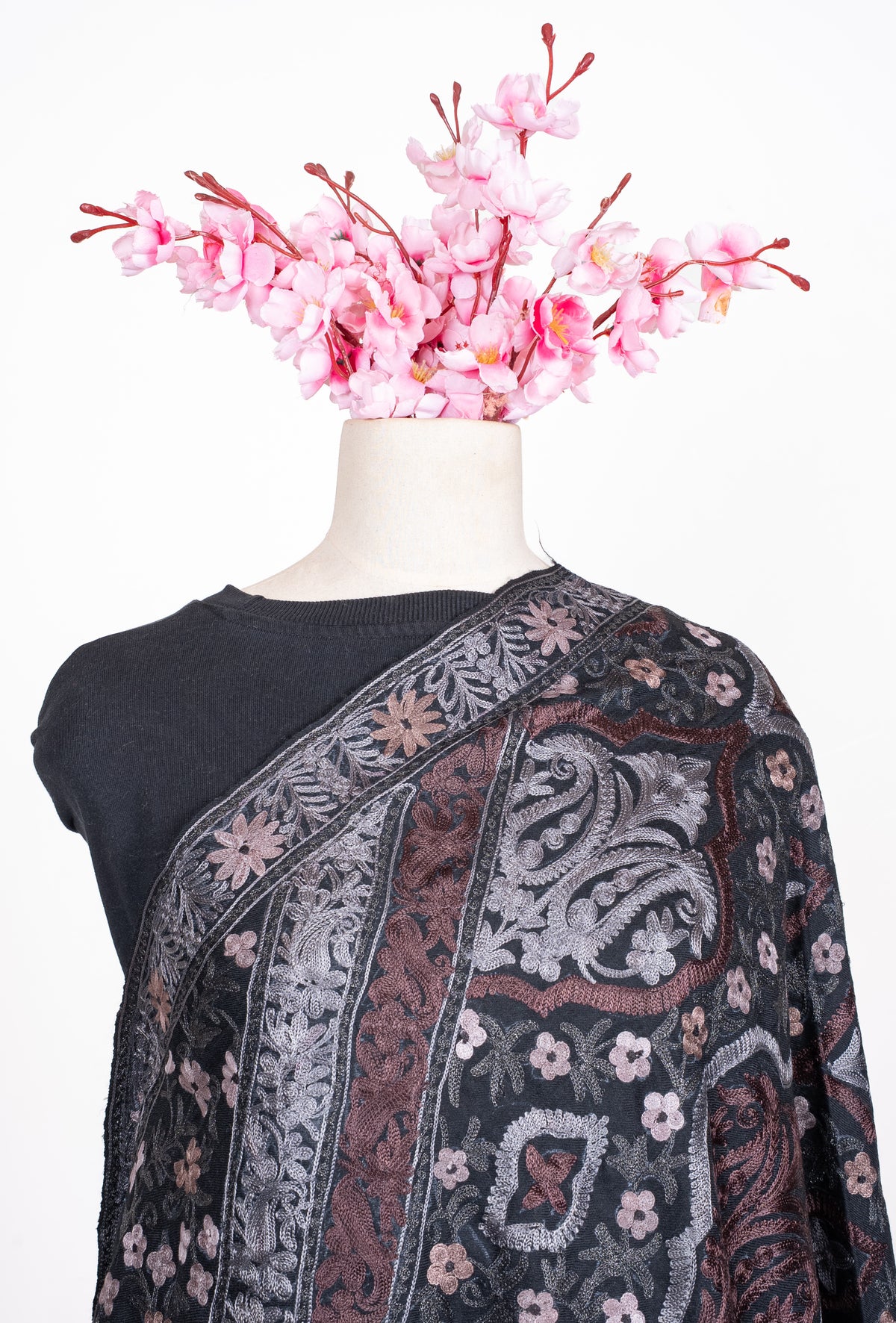 Ebony Elegance Aari Machine Embroidered Shawl