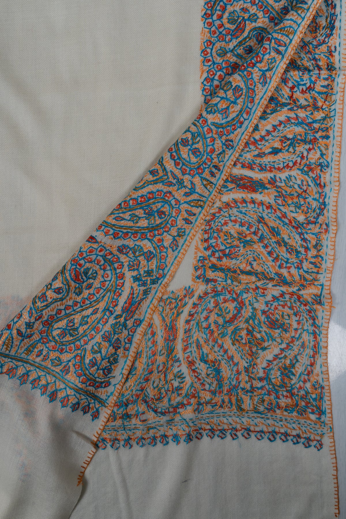 Snow Bloom Merino wool 2.5 Yards Sozni Hand Embroidered Shawl