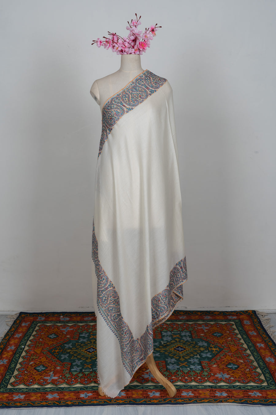 Snow Bloom Merino wool 2.5 Yards Sozni Hand Embroidered Shawl