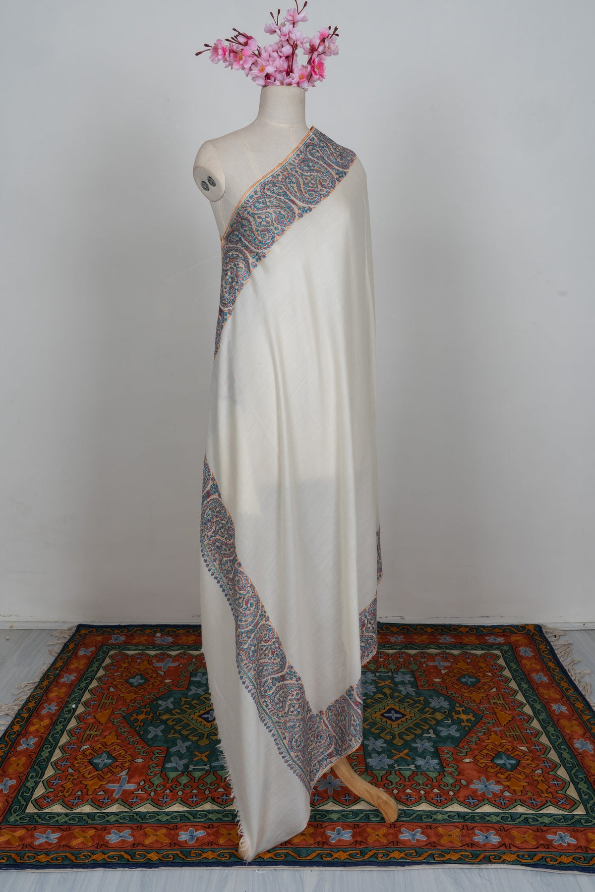 Snow Bloom Merino wool 2.5 Yards Sozni Hand Embroidered Shawl