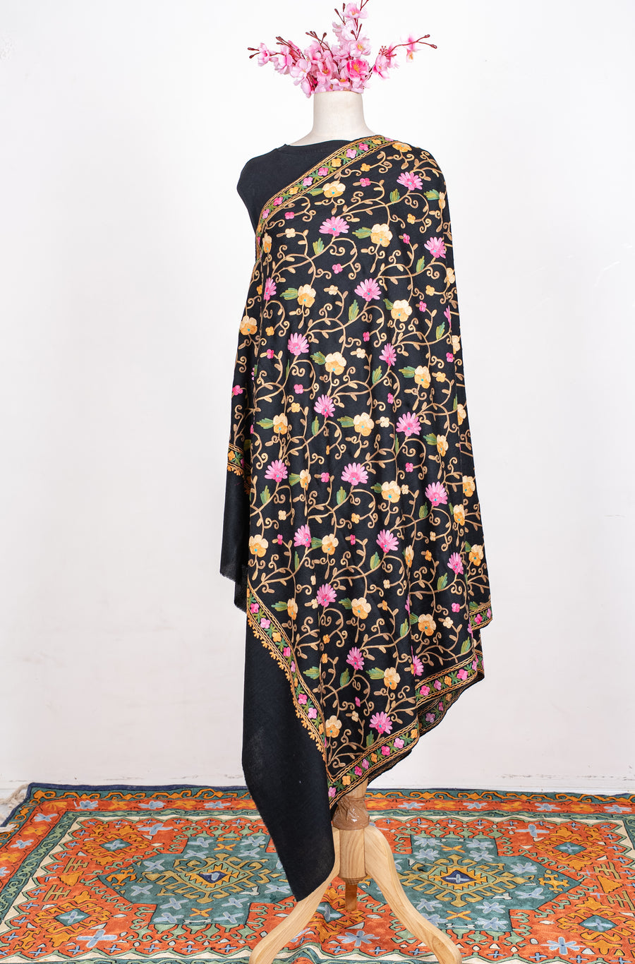 Noir Floral Symphony Aari Machine Embroidered Shawl