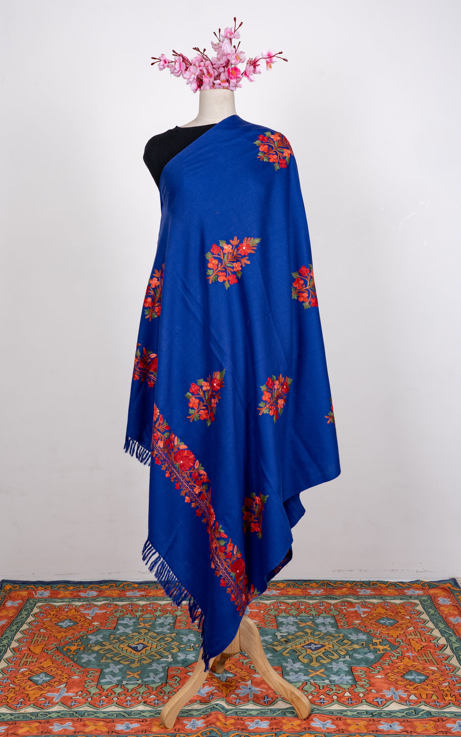 Machine Embroidered Shawl in Royal Blue with Floral Embroidery
