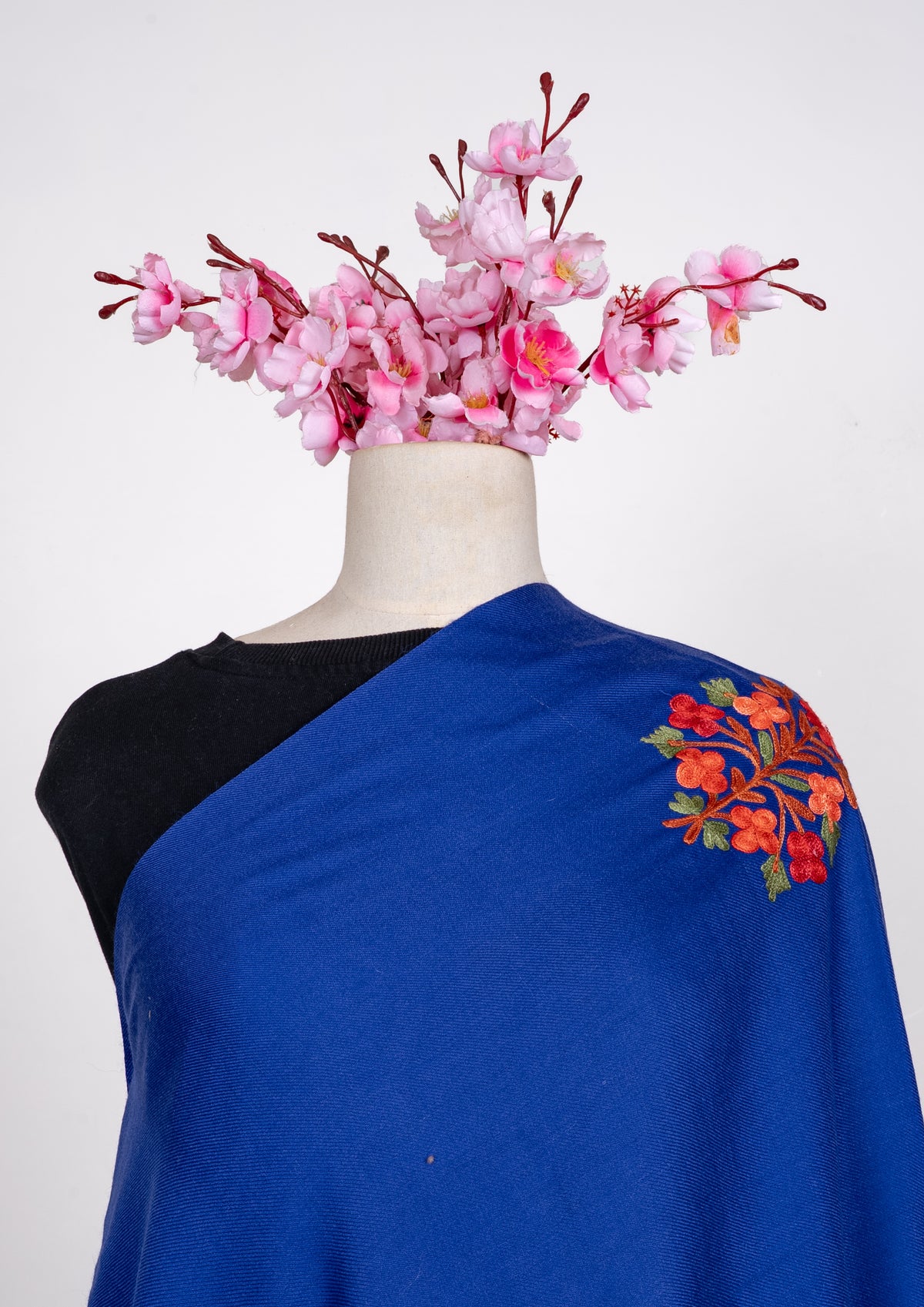 Machine Embroidered Shawl in Royal Blue with Floral Embroidery