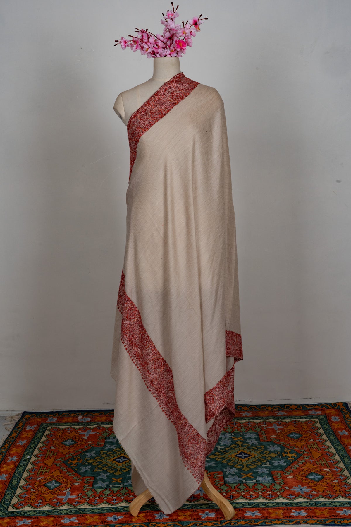 Blush Sand Merino wool 2.5 Yards Sozni Hand Embroidered Shawl