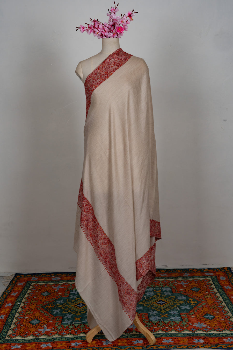 Blush Sand Merino wool 2.5 Yards Sozni Hand Embroidered Shawl