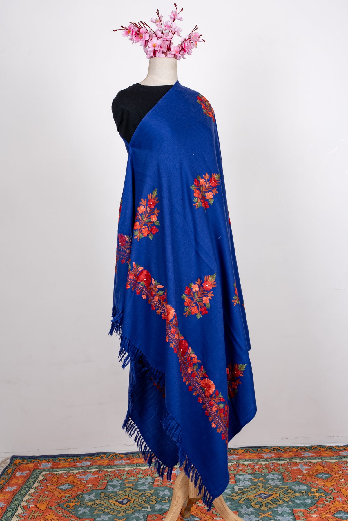Machine Embroidered Shawl in Royal Blue with Floral Embroidery